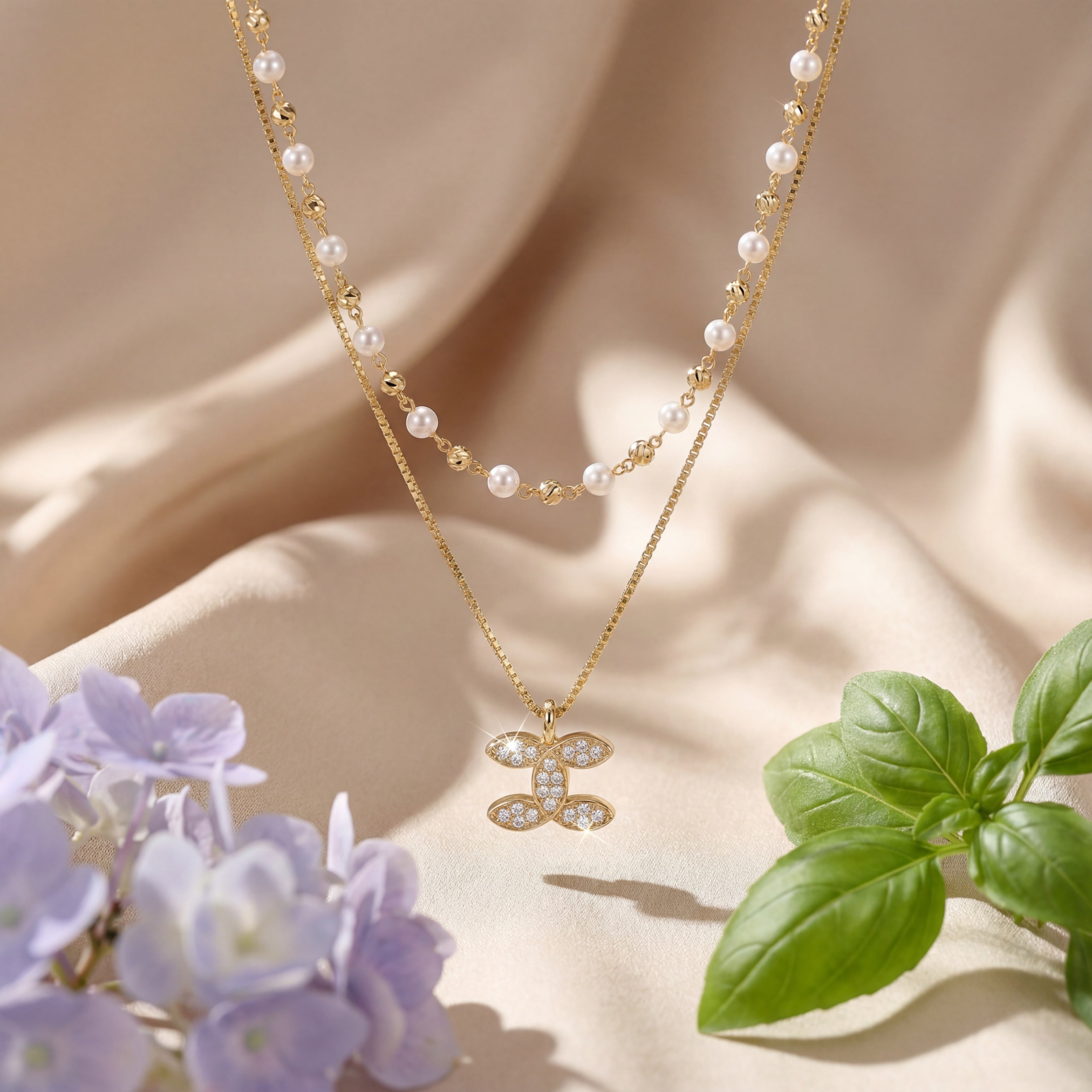 Korean Graceful Bloom Layered Pearl & Marquise Necklace : YUFSNL227