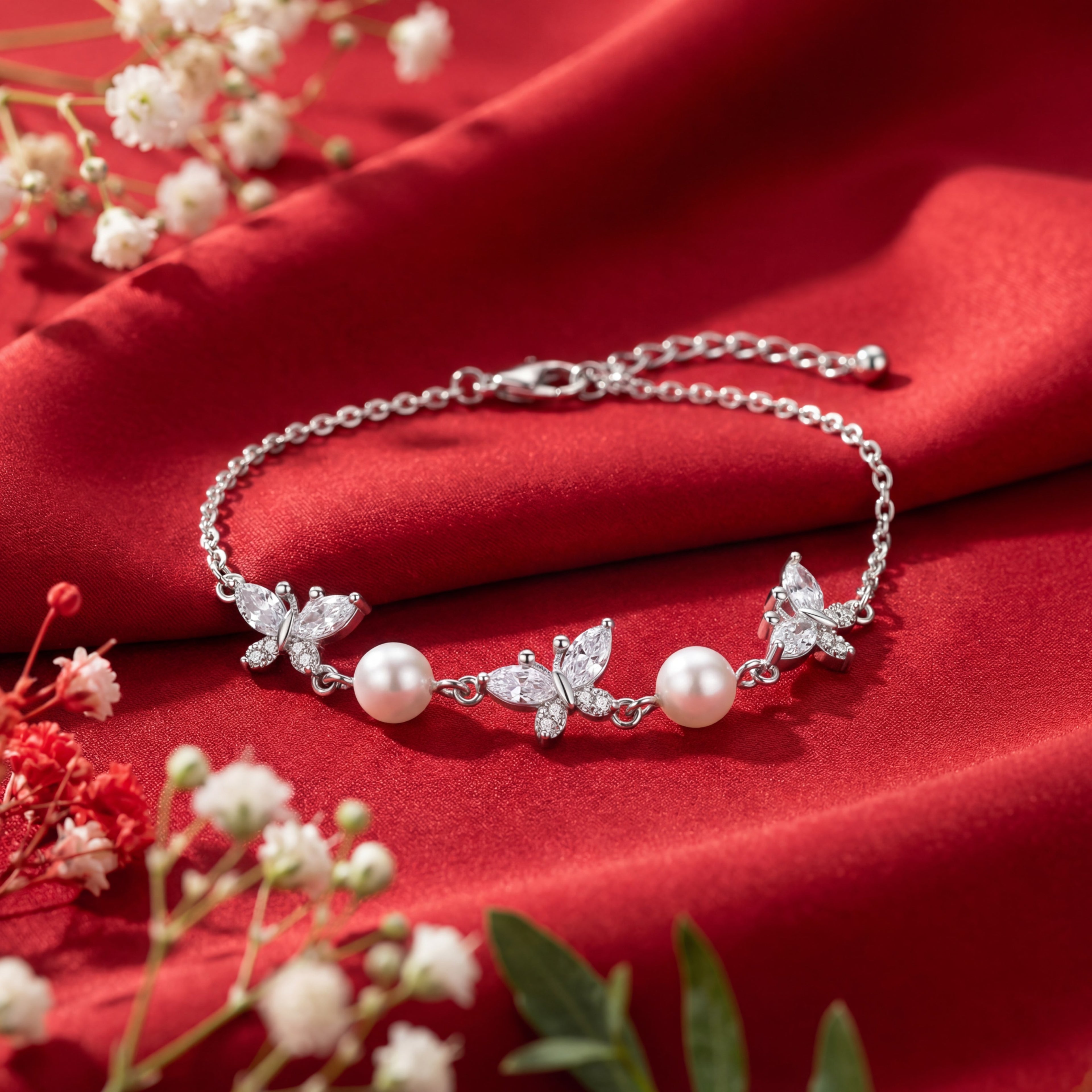 Korean Marquise Butterfly & Cultured Pearl Charm Bracelet : YUFSBR209