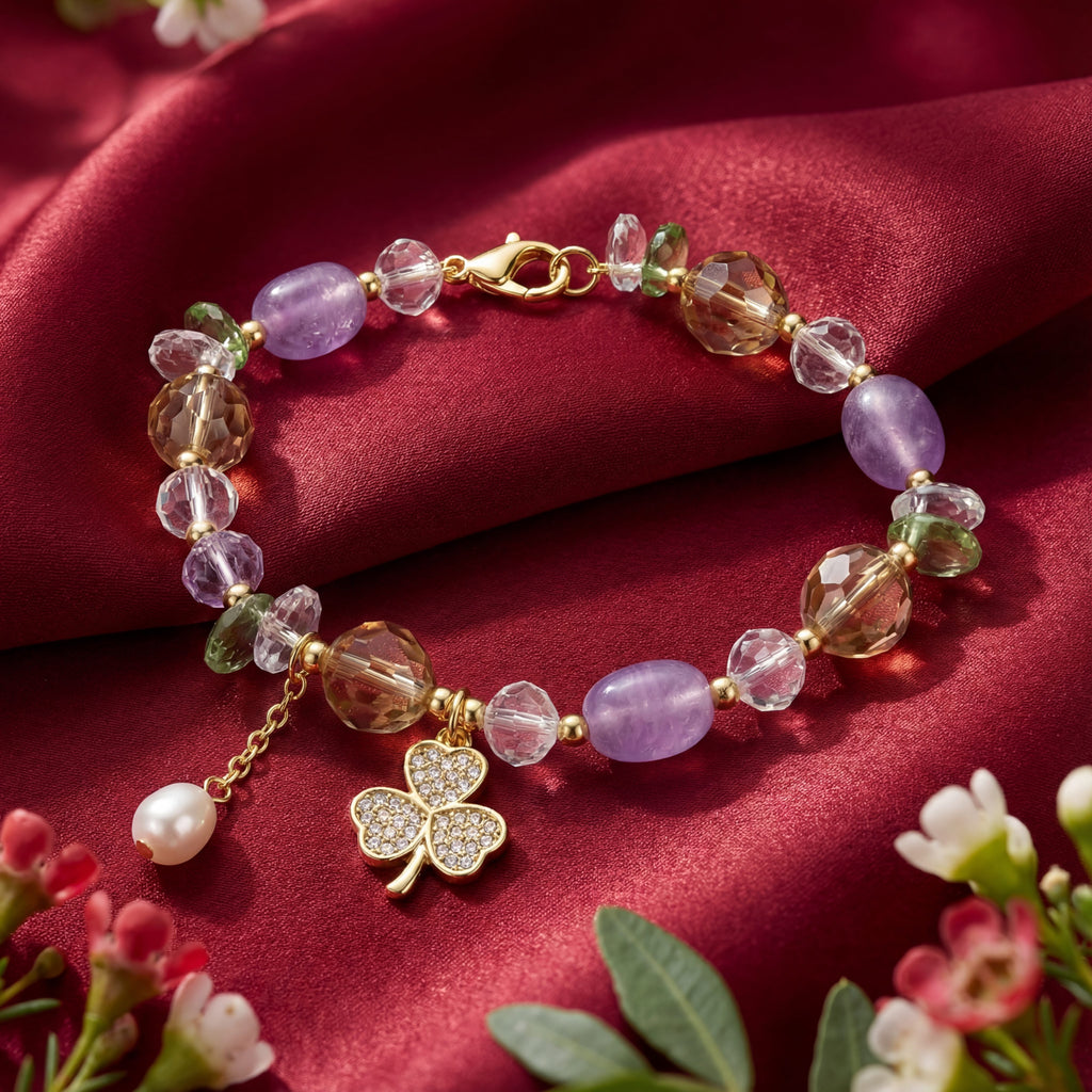 Korean Garden Of Luck Multi-Gemstone & Clover Bracel : YUFSBR214