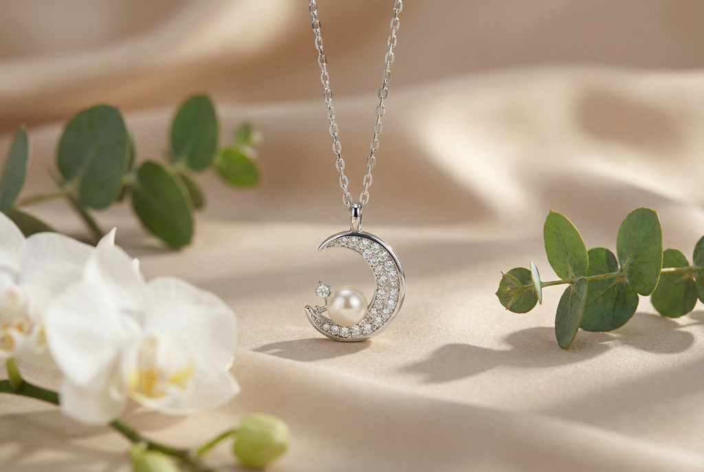 The "Dreamer" Crescent Moon & Pearl Necklace : YUFSNL215