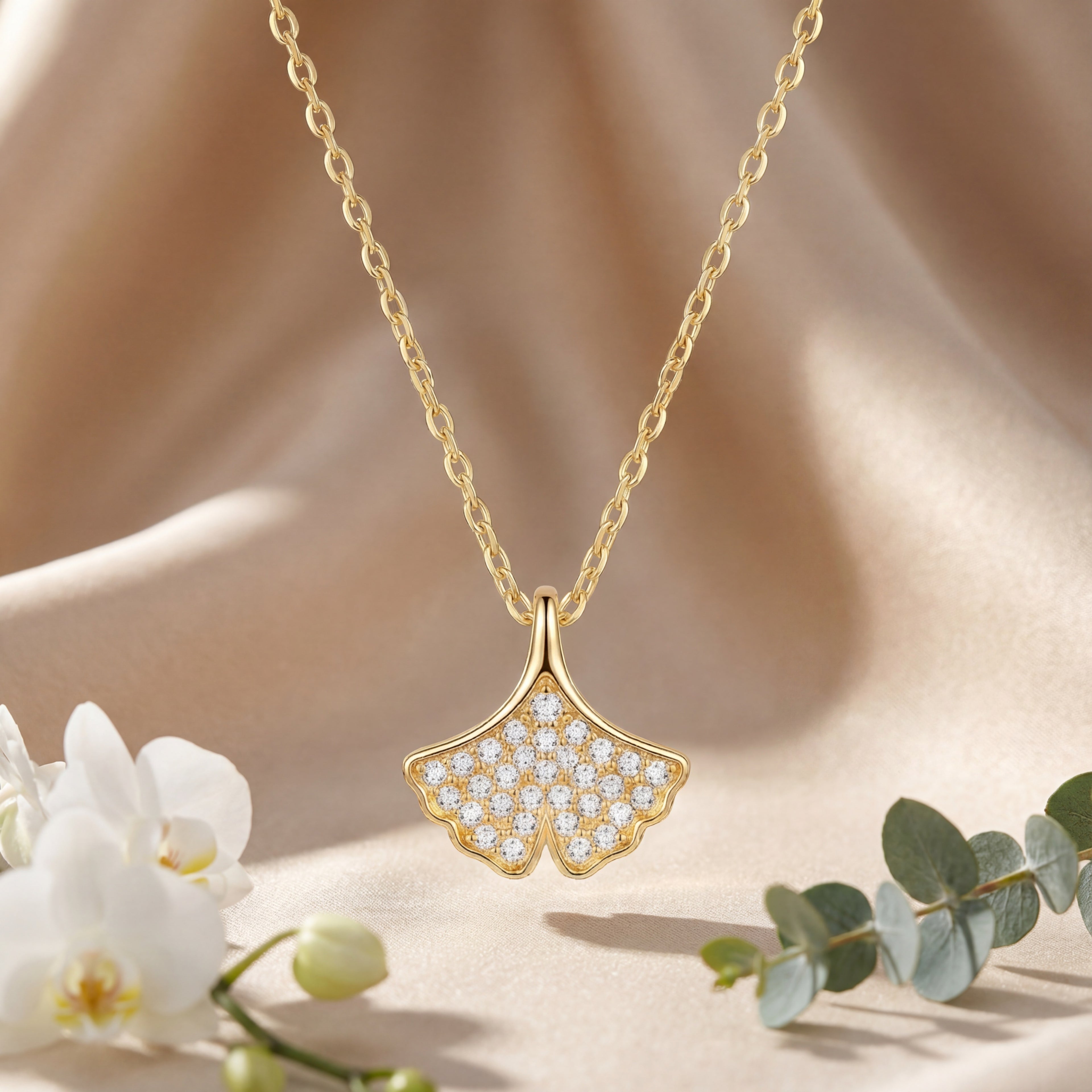 Korean Gilded Ginkgo Pavé Necklace : YUFSNL220