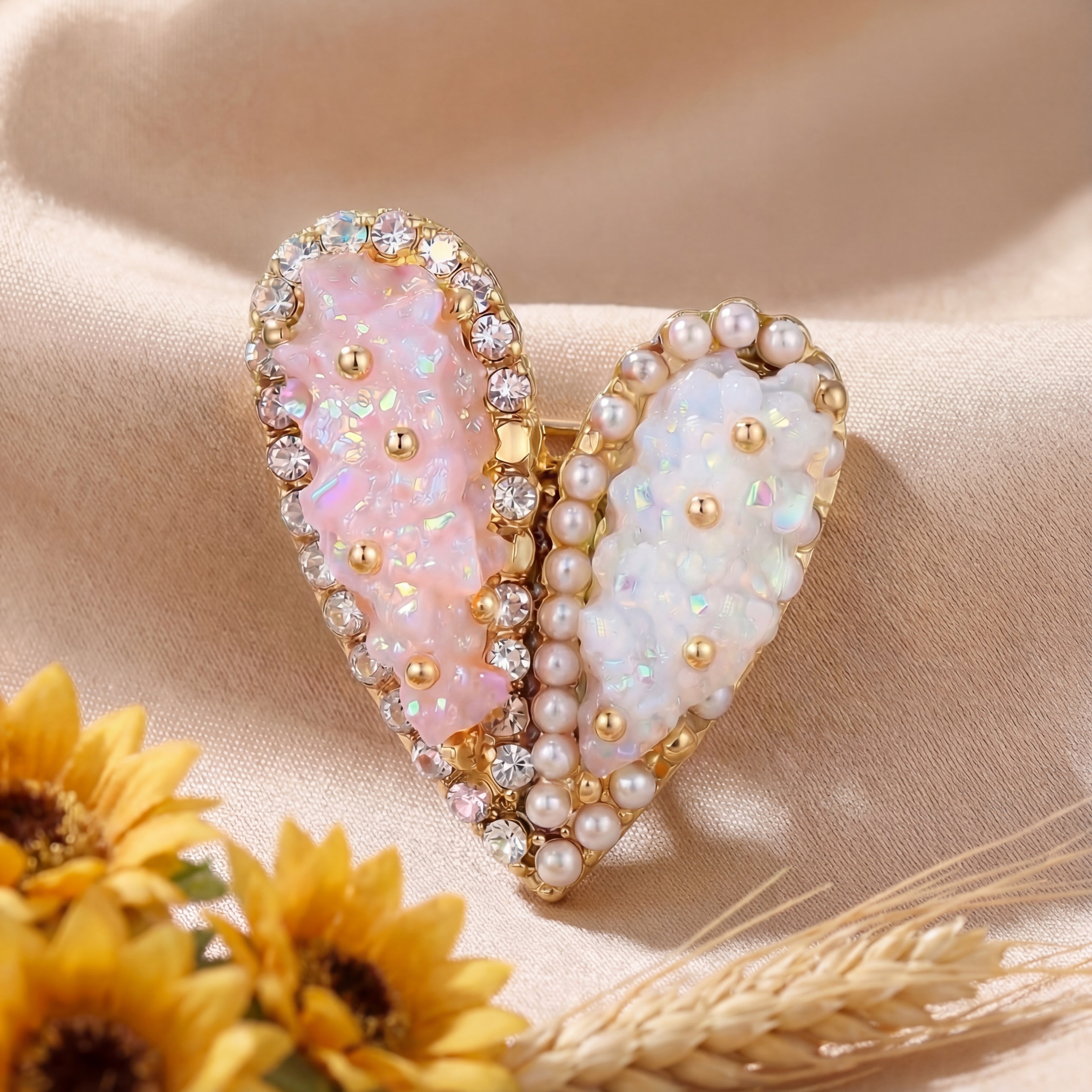 Korean Blush & Frost Jeweled Split-Heart Brooch : YUFSBH001