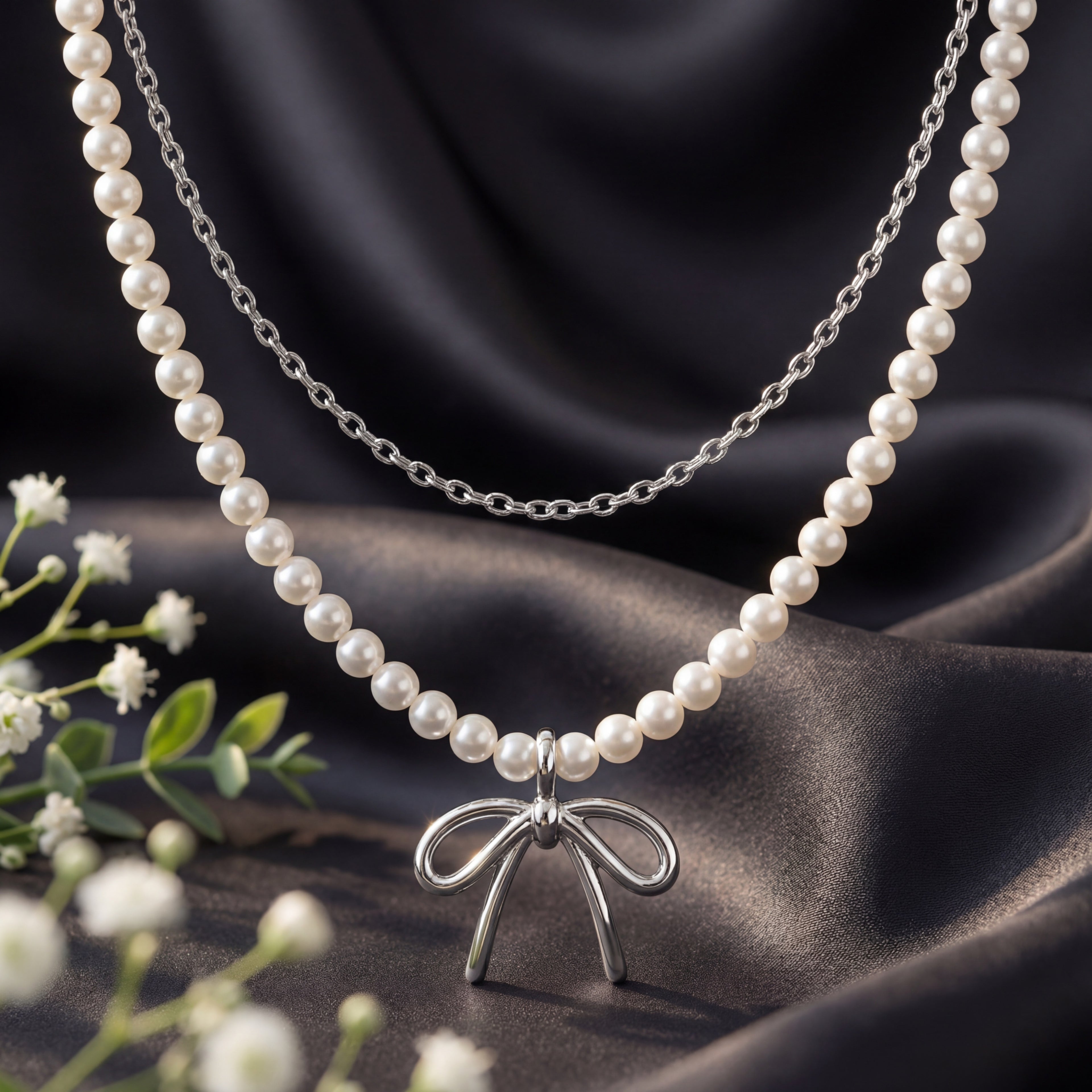 Korean Timeless Pavé Bow Pearl Necklace : YUFSNL250