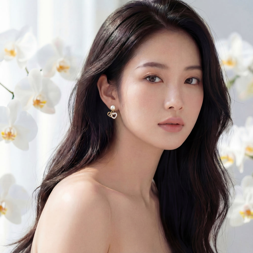 Korean Heart & Pearl Double-Sided Studs : YUFSER239