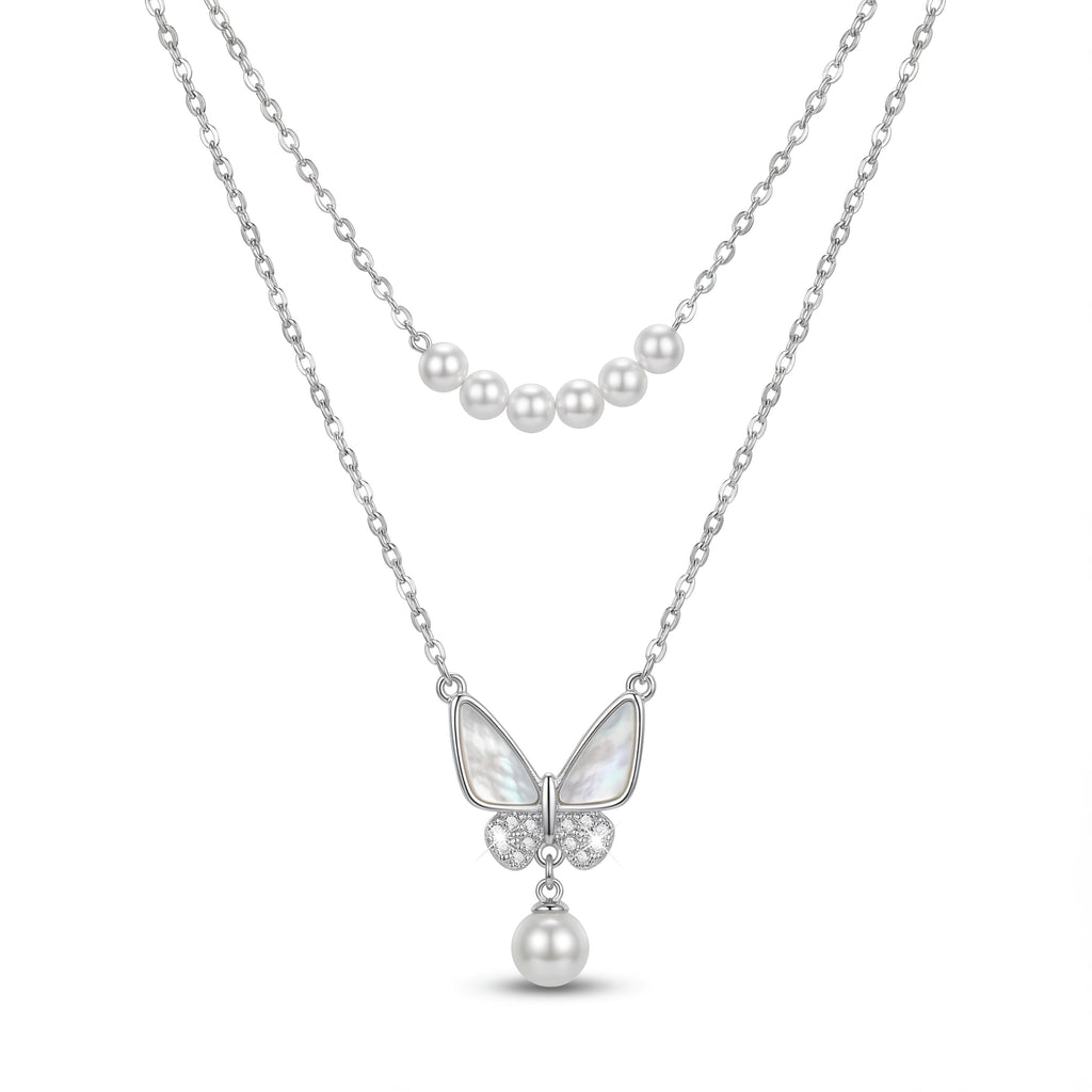 Themariposa" Layered Pearl & Butterfly Necklace : YUFSNL004-SL