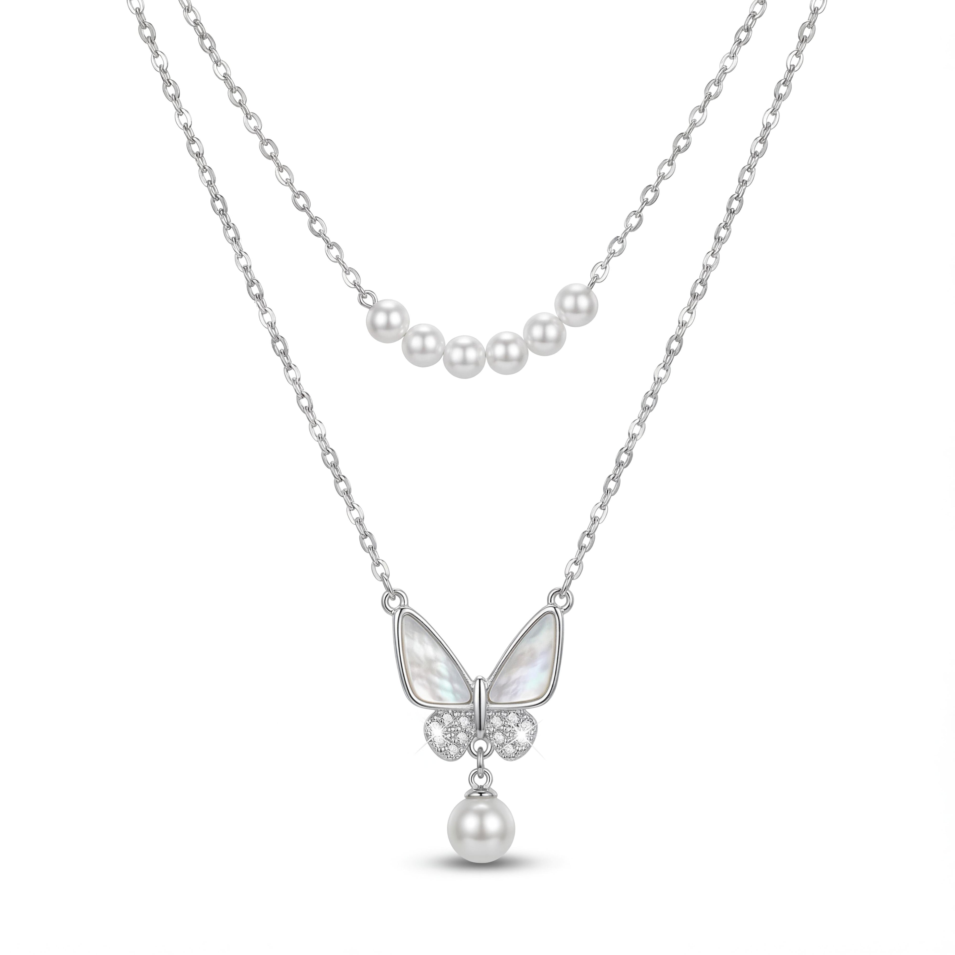 Themariposa" Layered Pearl & Butterfly Necklace : YUFSNL004-SL