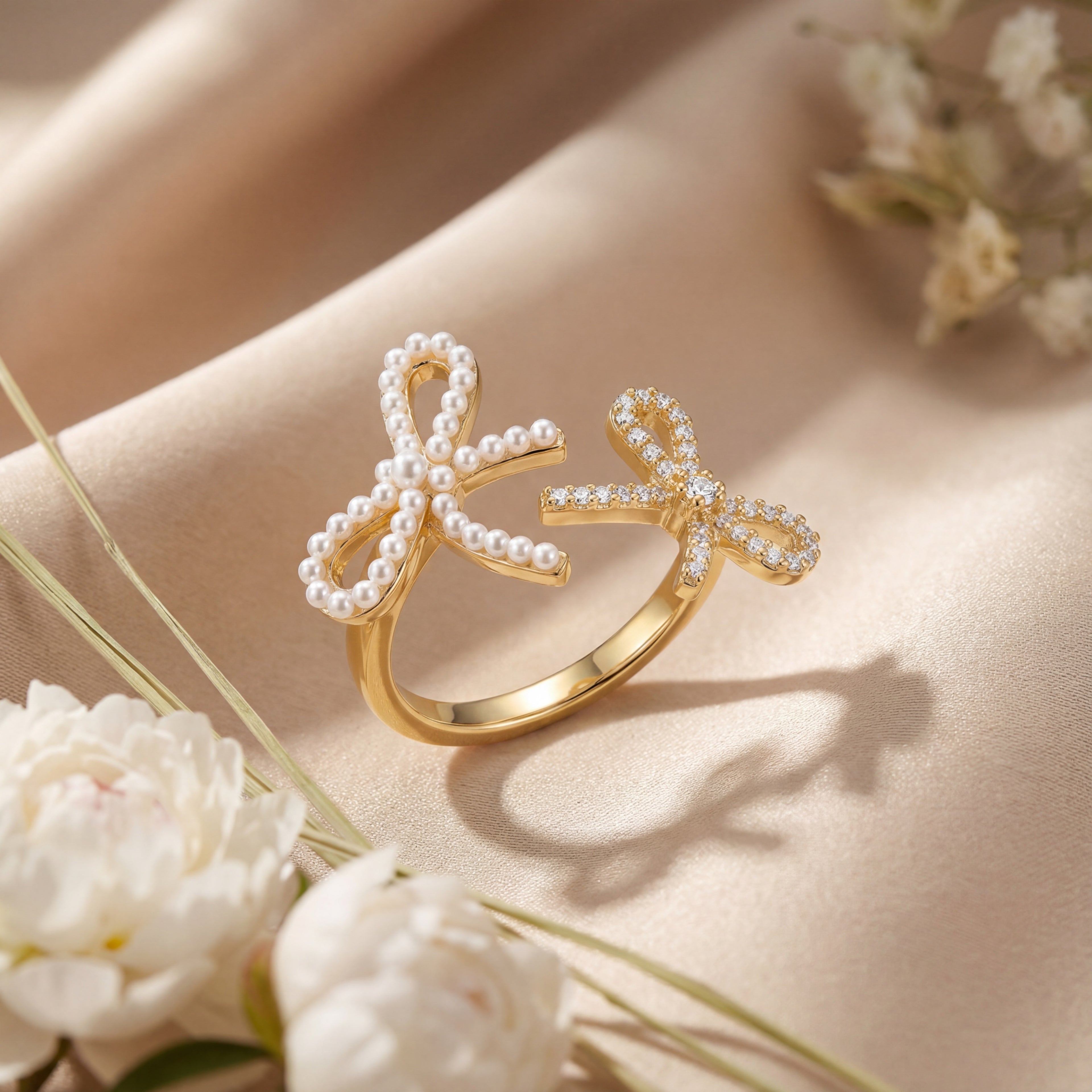 Korean Coquette Dual-Bow Bypass Ring : YUFSRG207