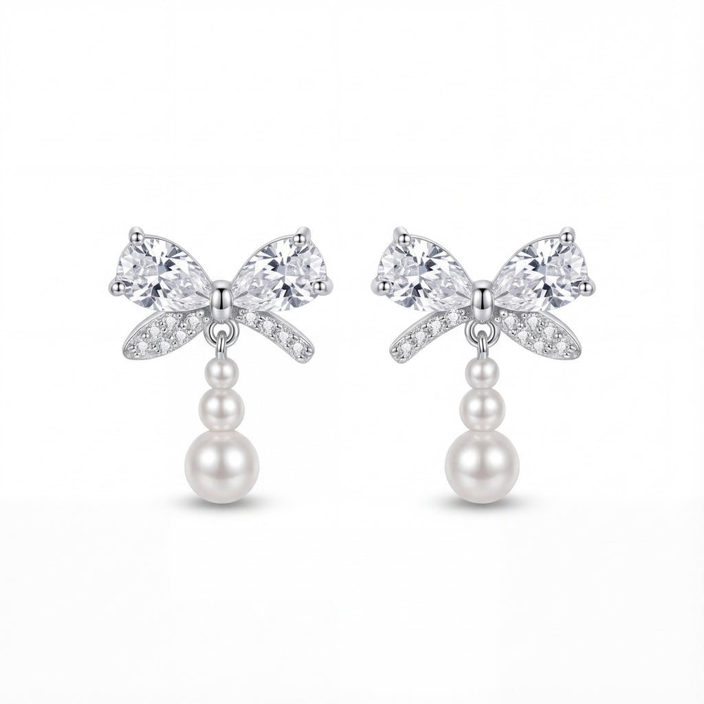 Korean Delicate Silver Pave Bow Earrings : YUFSER263