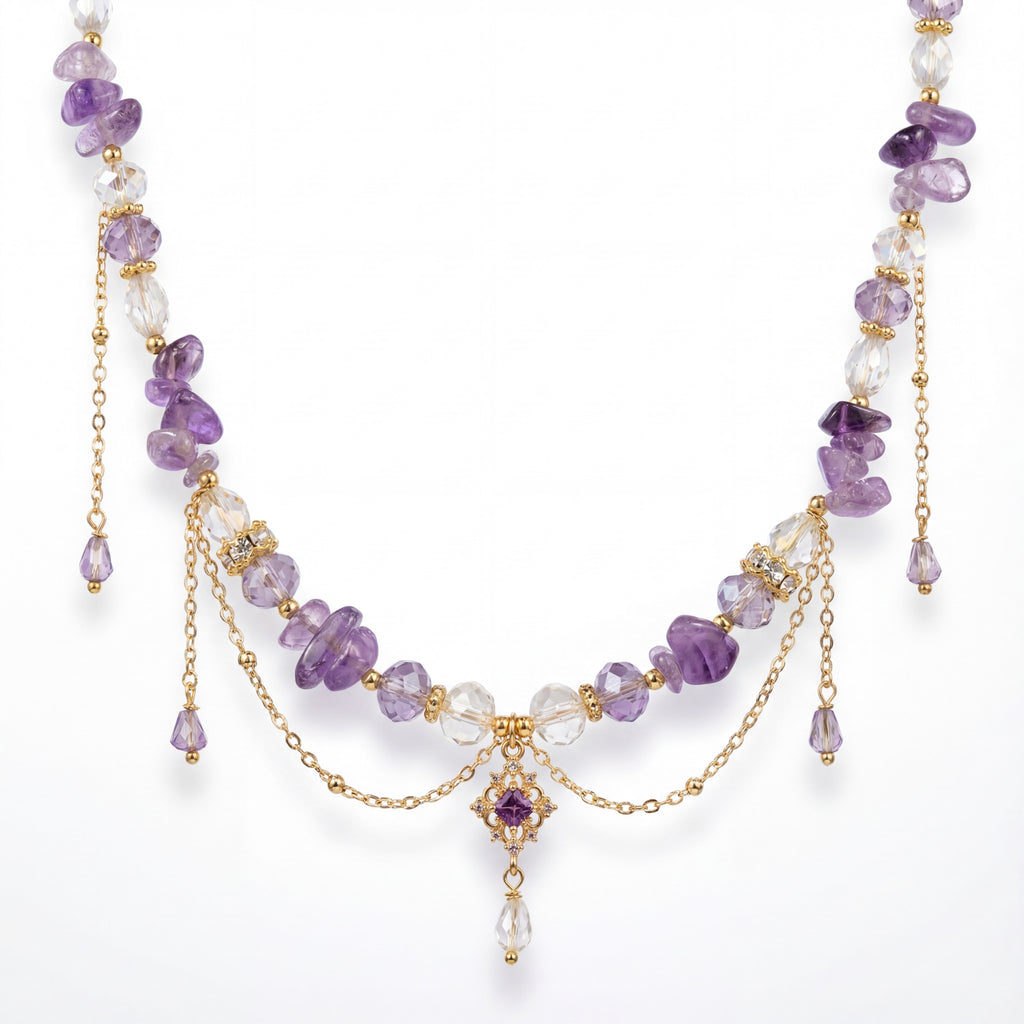 Korean Amethyst Mist & Crystal Gold Drop Necklace : YUFSNL255
