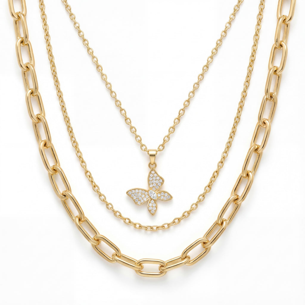 Korean Gold Monarch Triple-Layer Necklace Set : YUFSNL258
