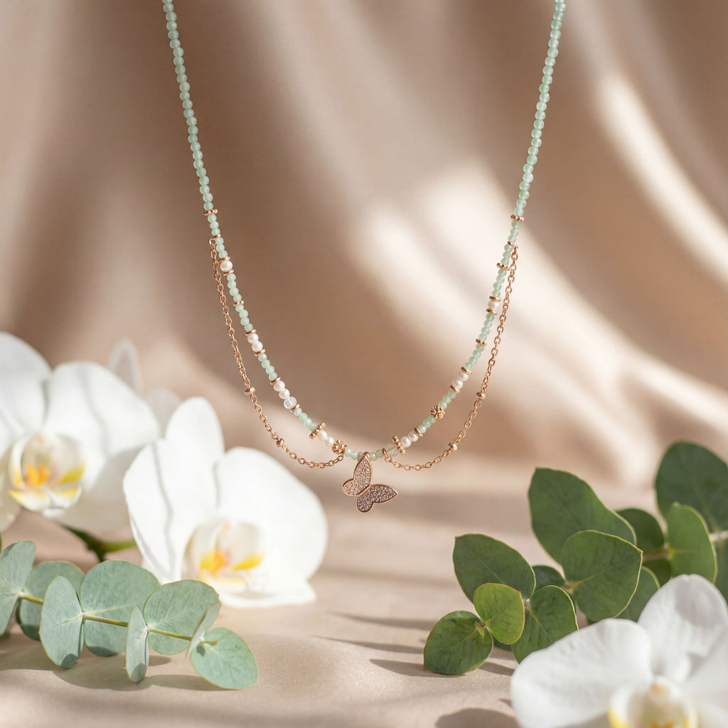 Korean Sage Green & Pearl Butterfly Layered Necklace : YUFSNL246