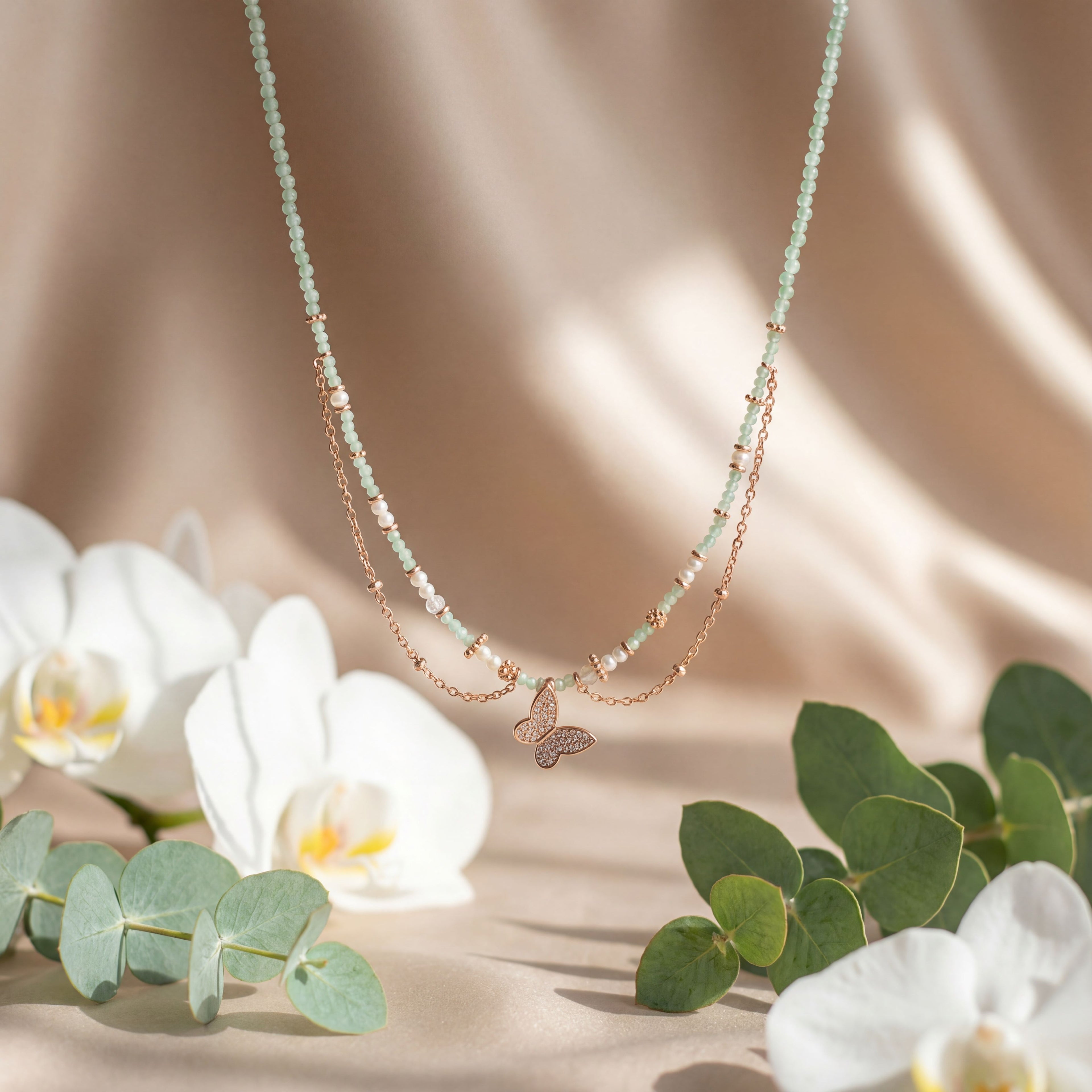 Korean Sage Green & Pearl Butterfly Layered Necklace : YUFSNL246