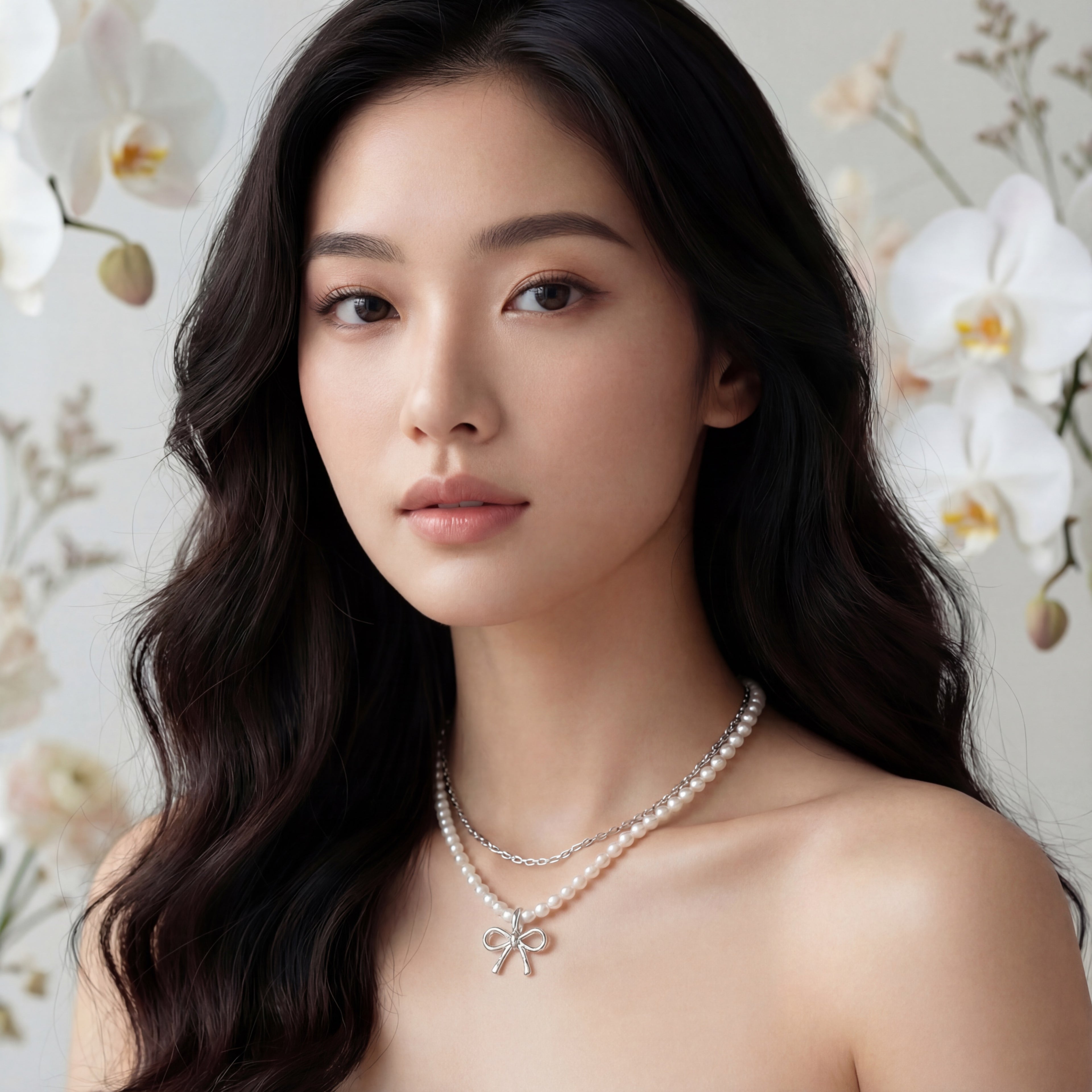Korean Timeless Pavé Bow Pearl Necklace : YUFSNL250
