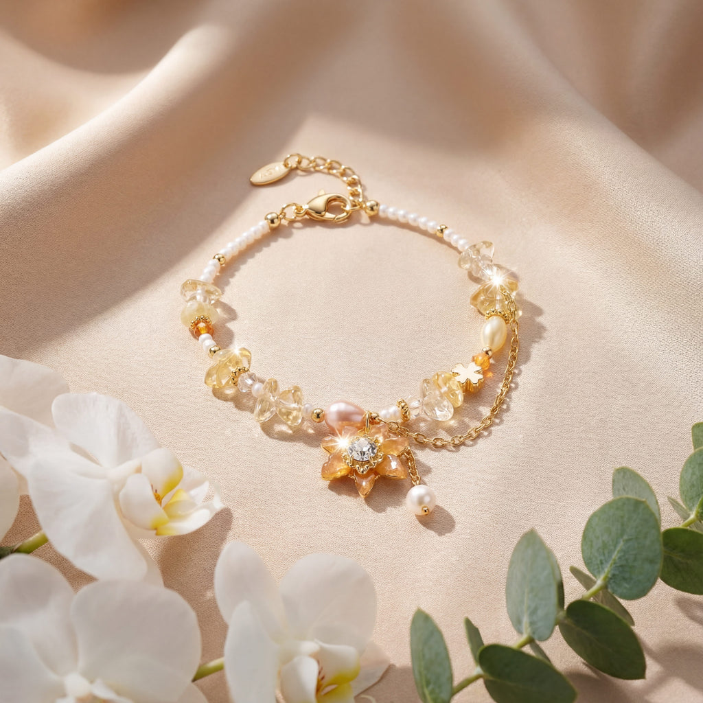 Korean Golden Sunburst Citrine & Pearl Floral Bracelet : YUFSBR204