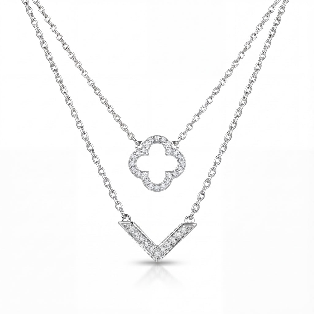 Korean Aura Tiered Clover & Chevron Layered Necklace : YUFSNL235