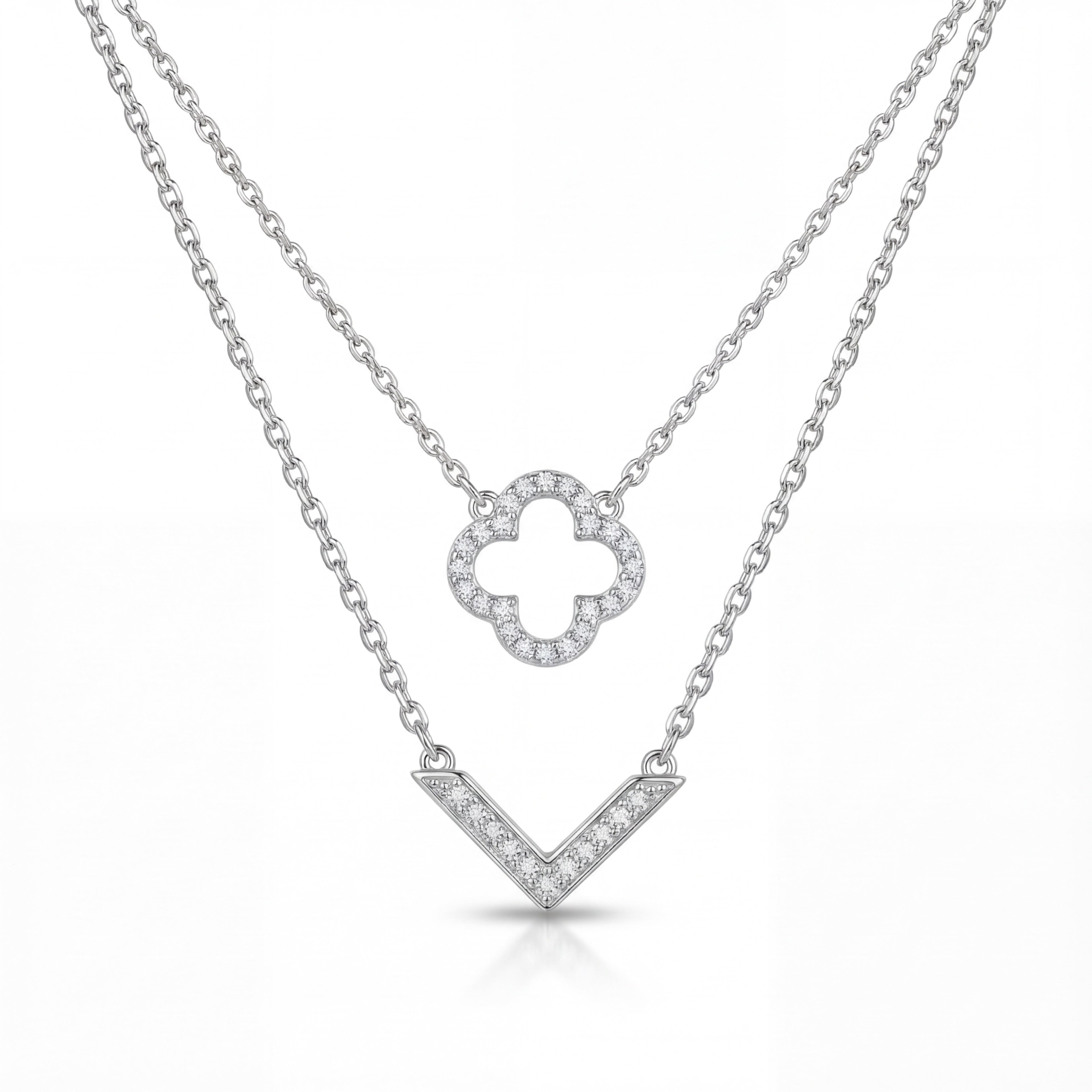 Korean Aura Tiered Clover & Chevron Layered Necklace : YUFSNL235