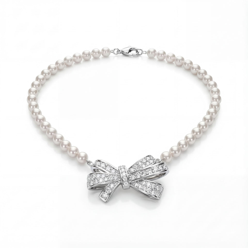 Korean Radiant Pave Bow Pearl Necklace : YUFSNL247