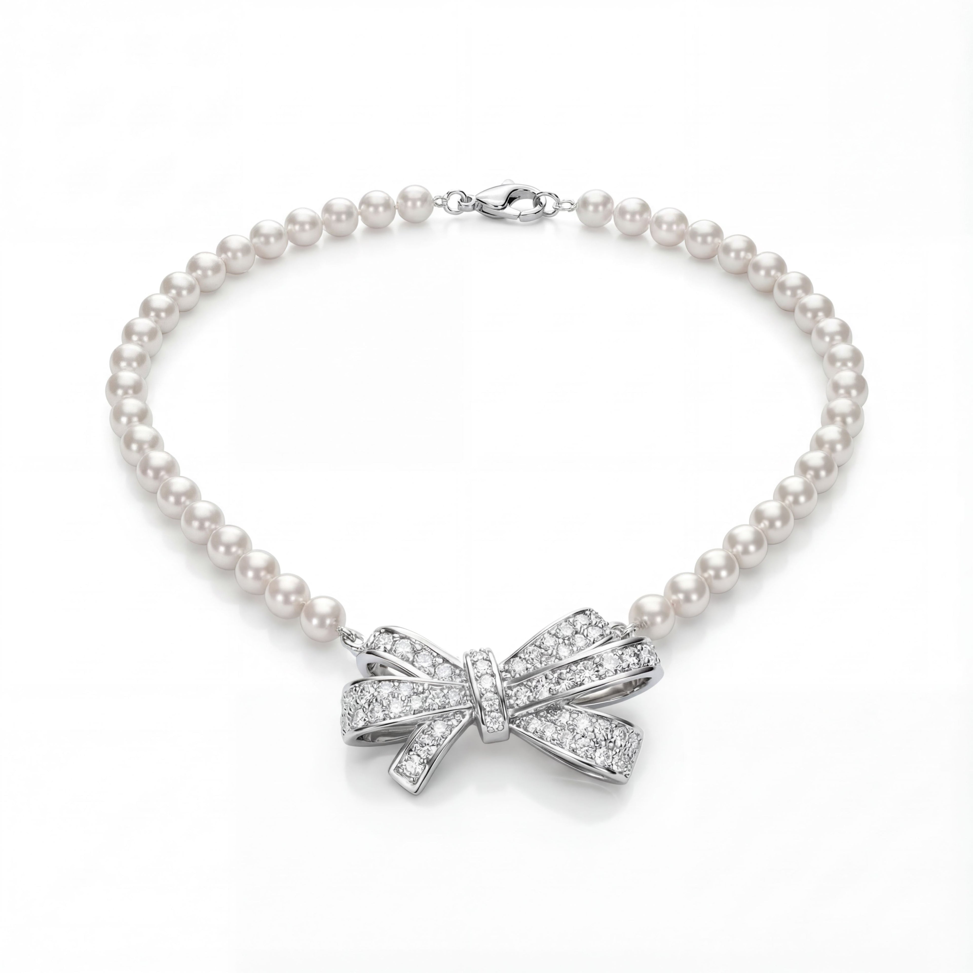 Korean Radiant Pave Bow Pearl Necklace : YUFSNL247