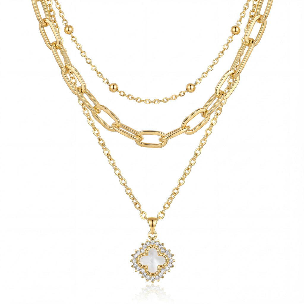 Korean Gold Clover Layered Charm Necklace : YUFSNL253