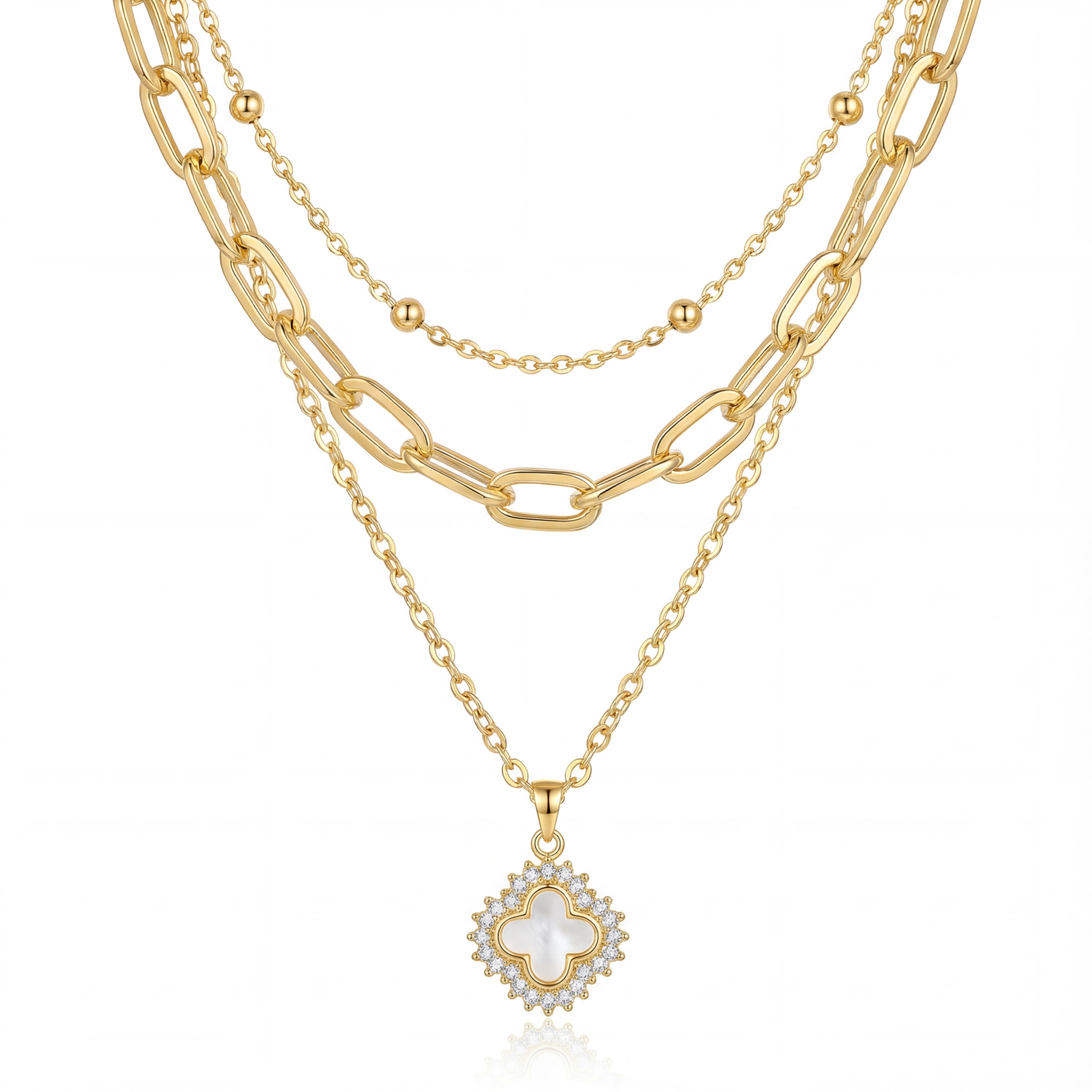 Korean Gold Clover Layered Charm Necklace : YUFSNL253