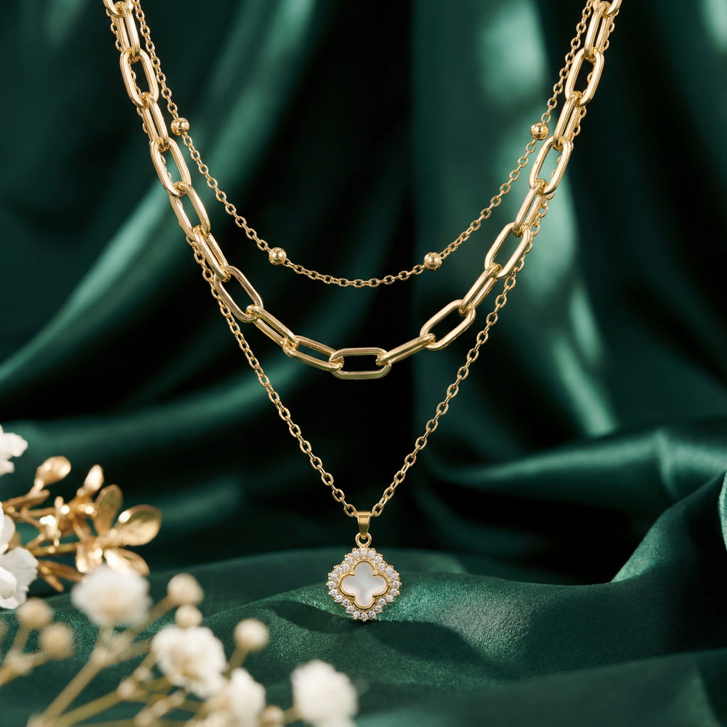 Korean Gold Clover Layered Charm Necklace : YUFSNL253
