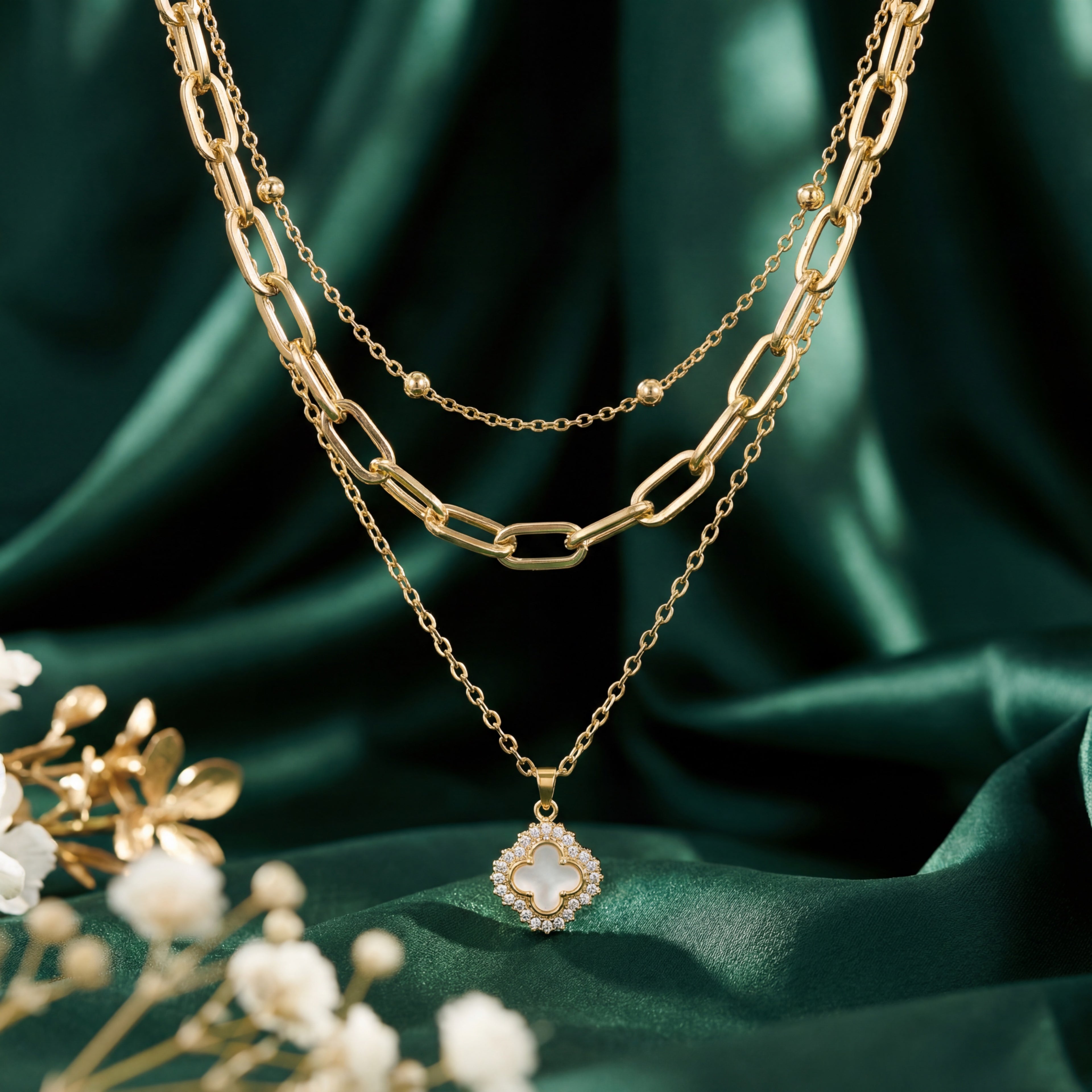 Korean Gold Clover Layered Charm Necklace : YUFSNL253