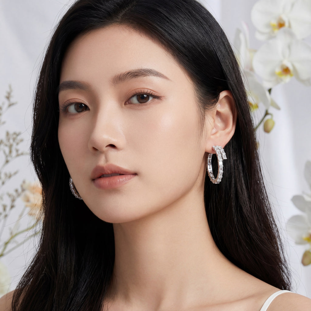 Korean Baguette Crystal Hoop Earrings : YUFSER265