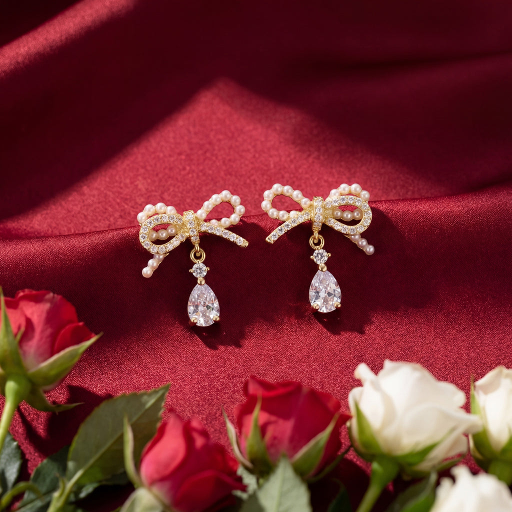 Korean Bow Earrings With Teardrop  Charms : YUFSER241