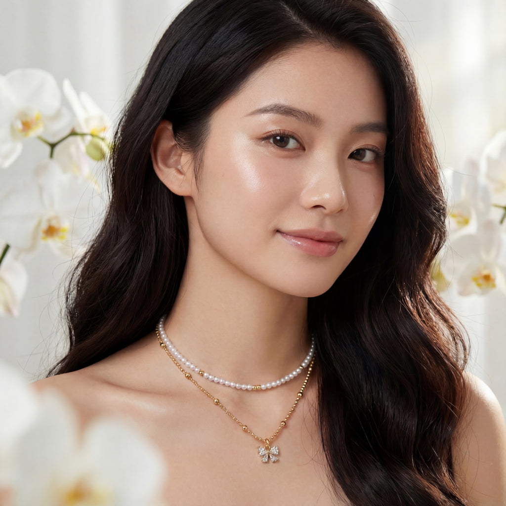 Korean Ethereal Bow & Radiant Gemstone Droplet Necklace : YUFSNL248