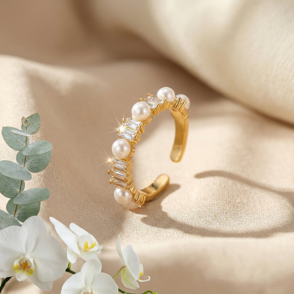 Korean Timeless Pearl & Baguette Crystal Adjustable Ring : YUFSRG217