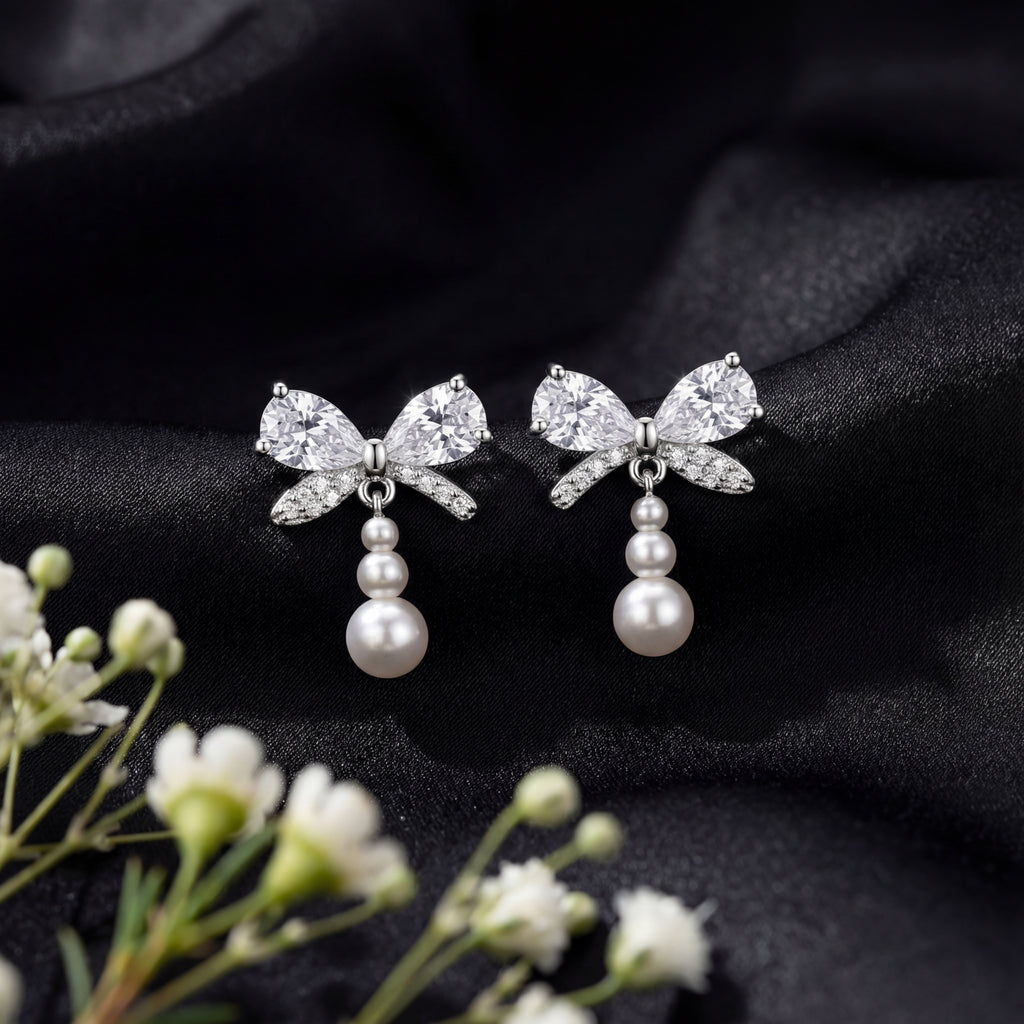 Korean Delicate Silver Pave Bow Earrings : YUFSER263
