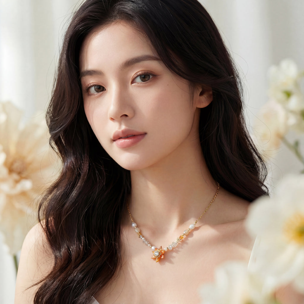 Korean Golden Autumn Mixed Media Beaded Statement Necklace : YUFSNL240