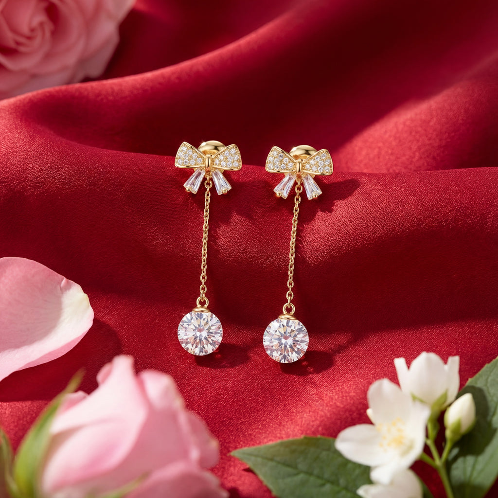 Korean Sparkling Bow & Orb Drop Earrings : YUFSER255