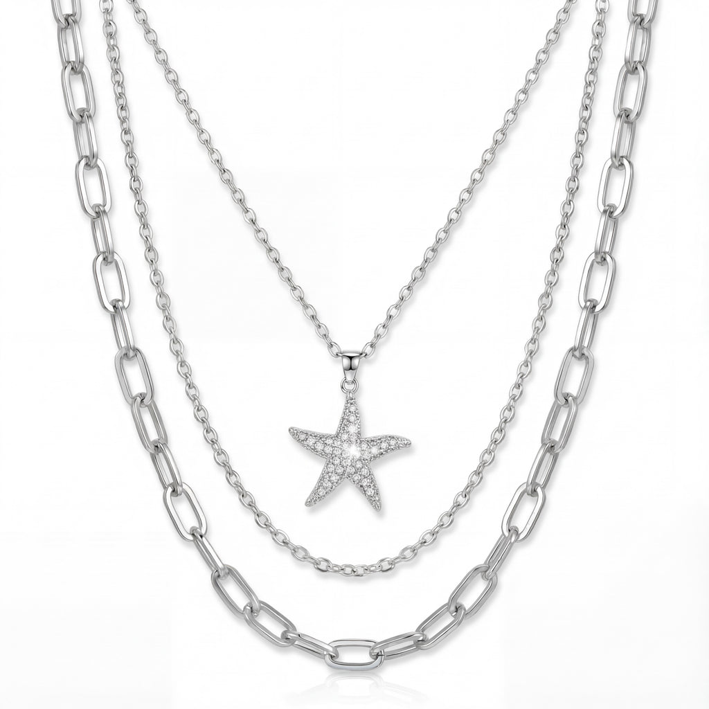 Korean Ocean Muse Triple-Strand Starfish & Pearl Statement Necklace : YUFSNL238