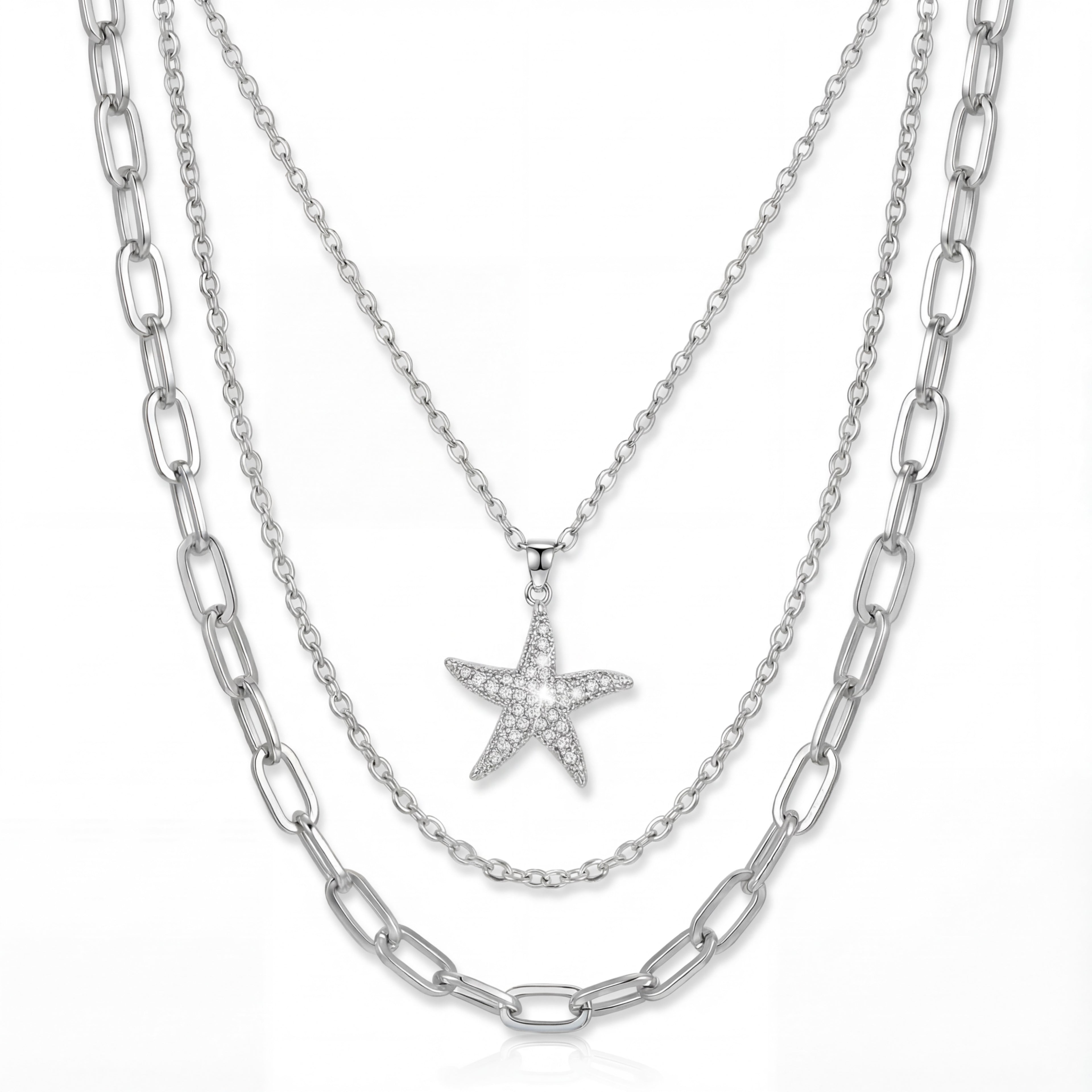 Korean Ocean Muse Triple-Strand Starfish & Pearl Statement Necklace : YUFSNL238