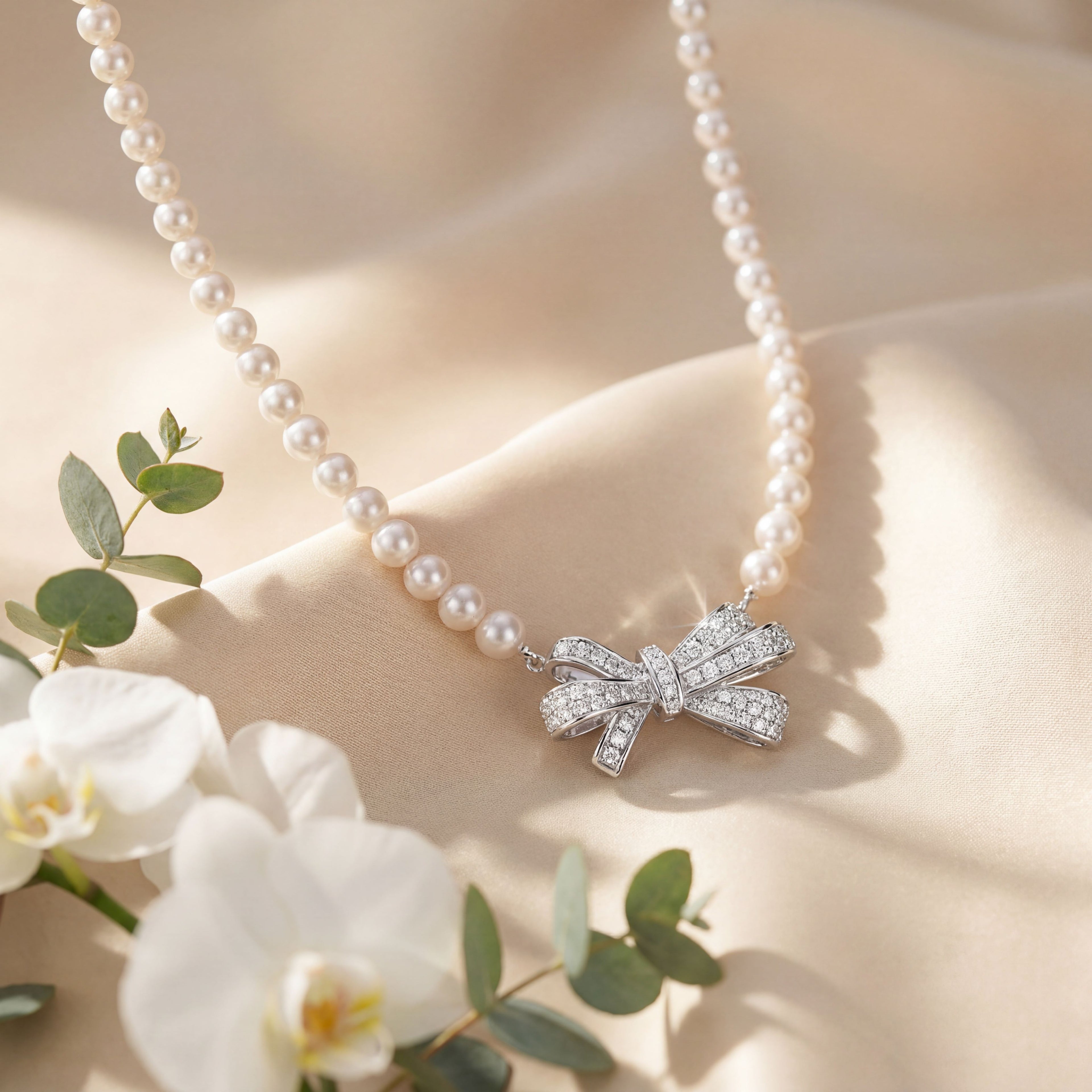 Korean Radiant Pave Bow Pearl Necklace : YUFSNL247