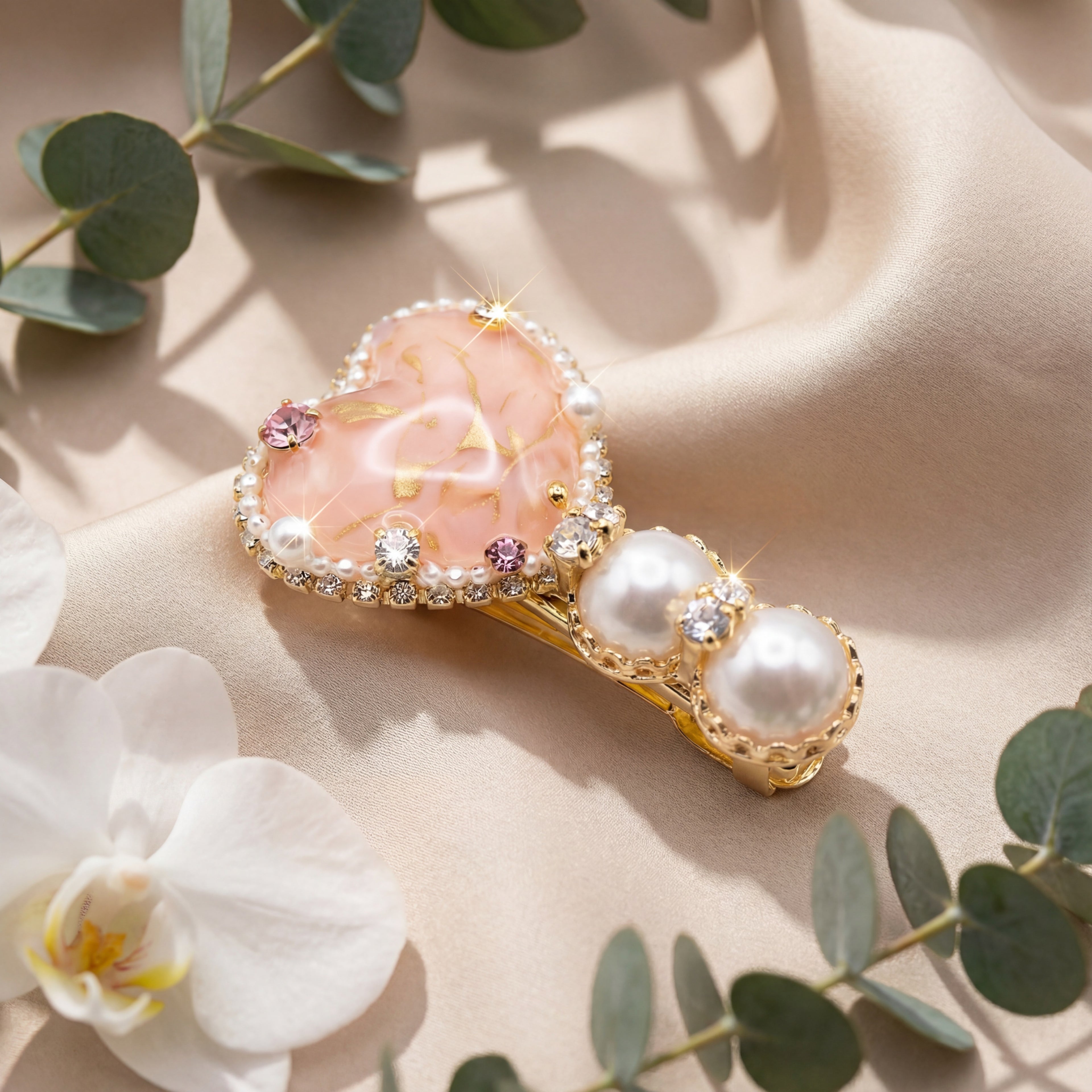 Korean Pink Ribbon-Heart & Pearl Embellished Hair Clip : YUFSHR210