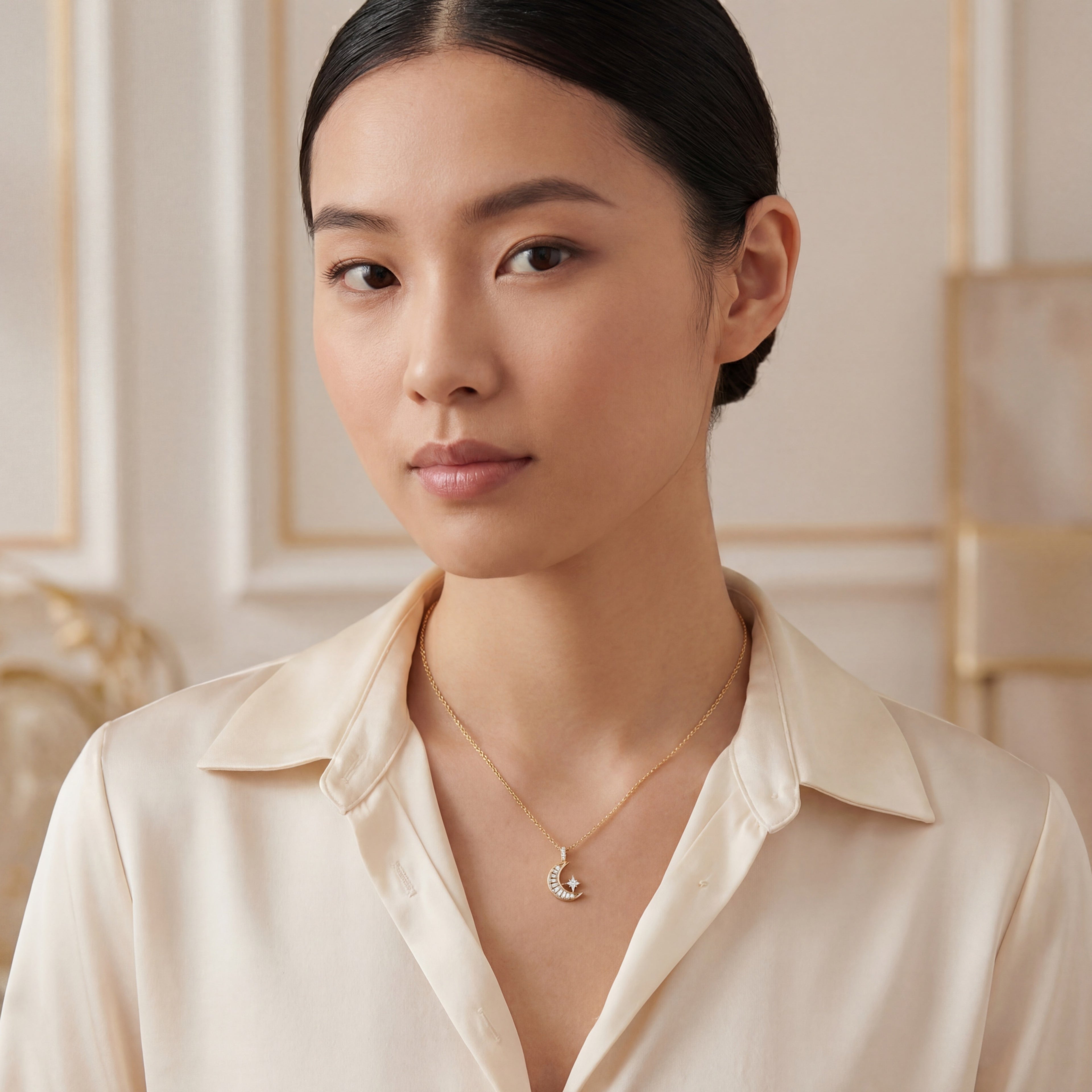 Korean Ethereal Baguette Moon & North Star Necklace : YUFSNL224