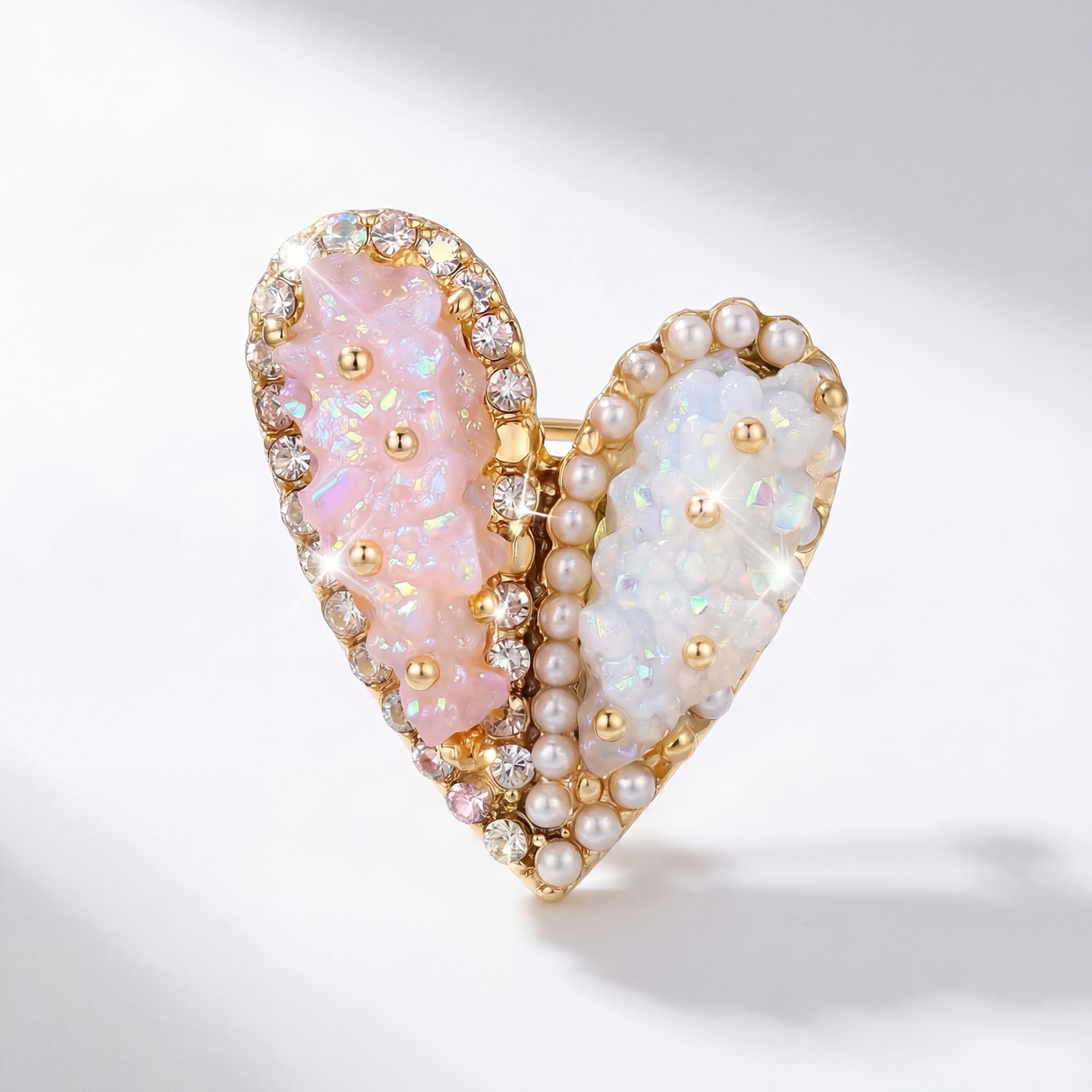 Korean Blush & Frost Jeweled Split-Heart Brooch : YUFSBH001