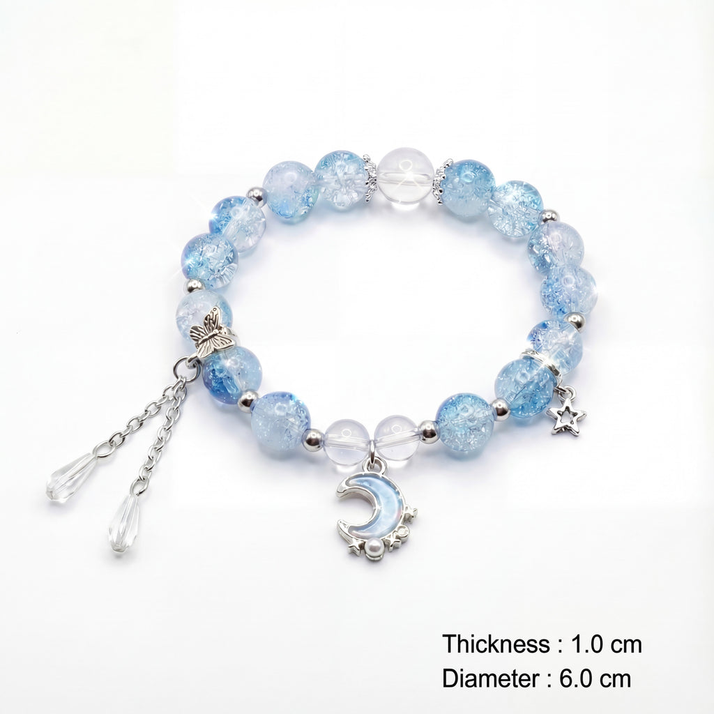 Korean Midnight Moon & Star Crackle Glass Charm Bracelet : YUFSBR213