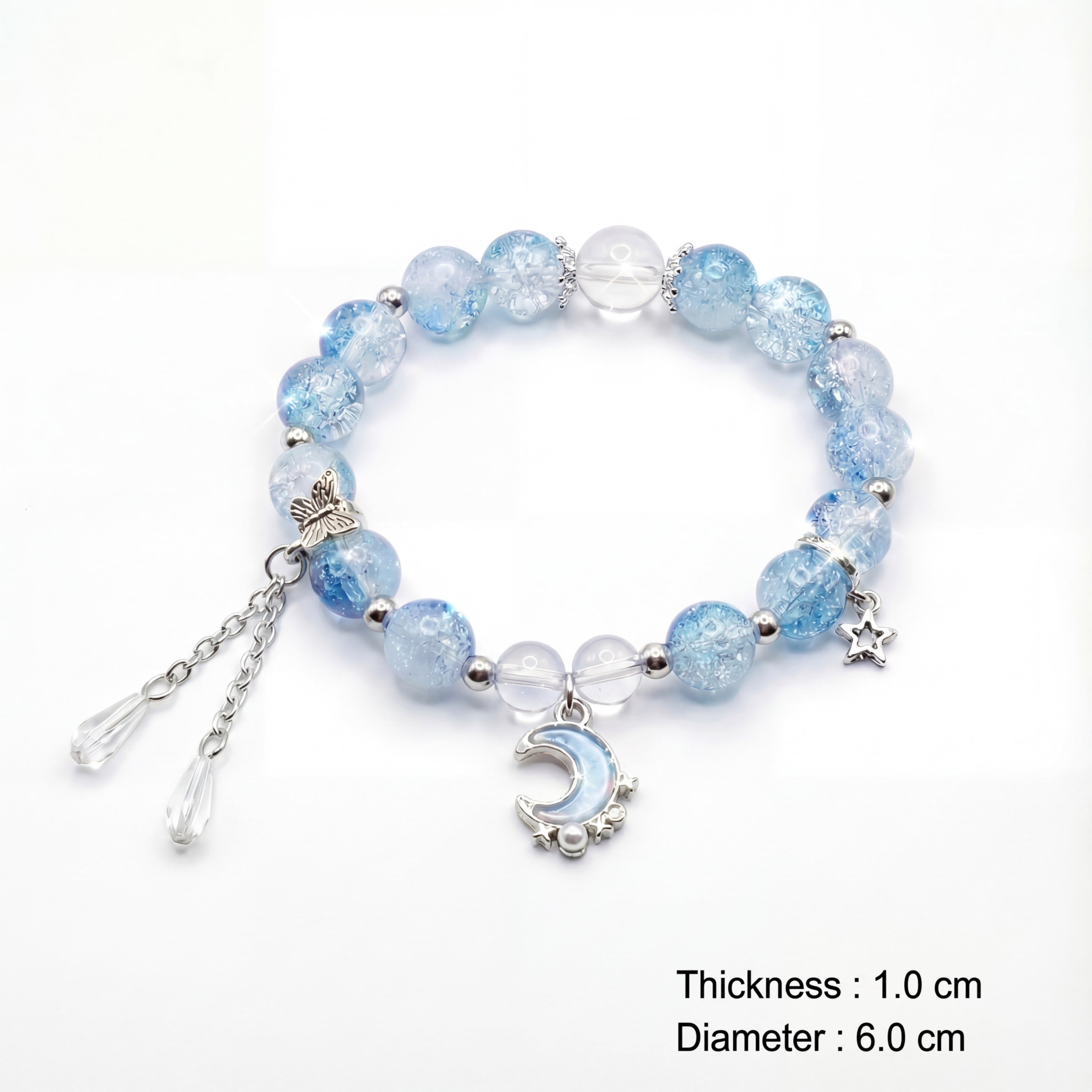 Korean Midnight Moon & Star Crackle Glass Charm Bracelet : YUFSBR213