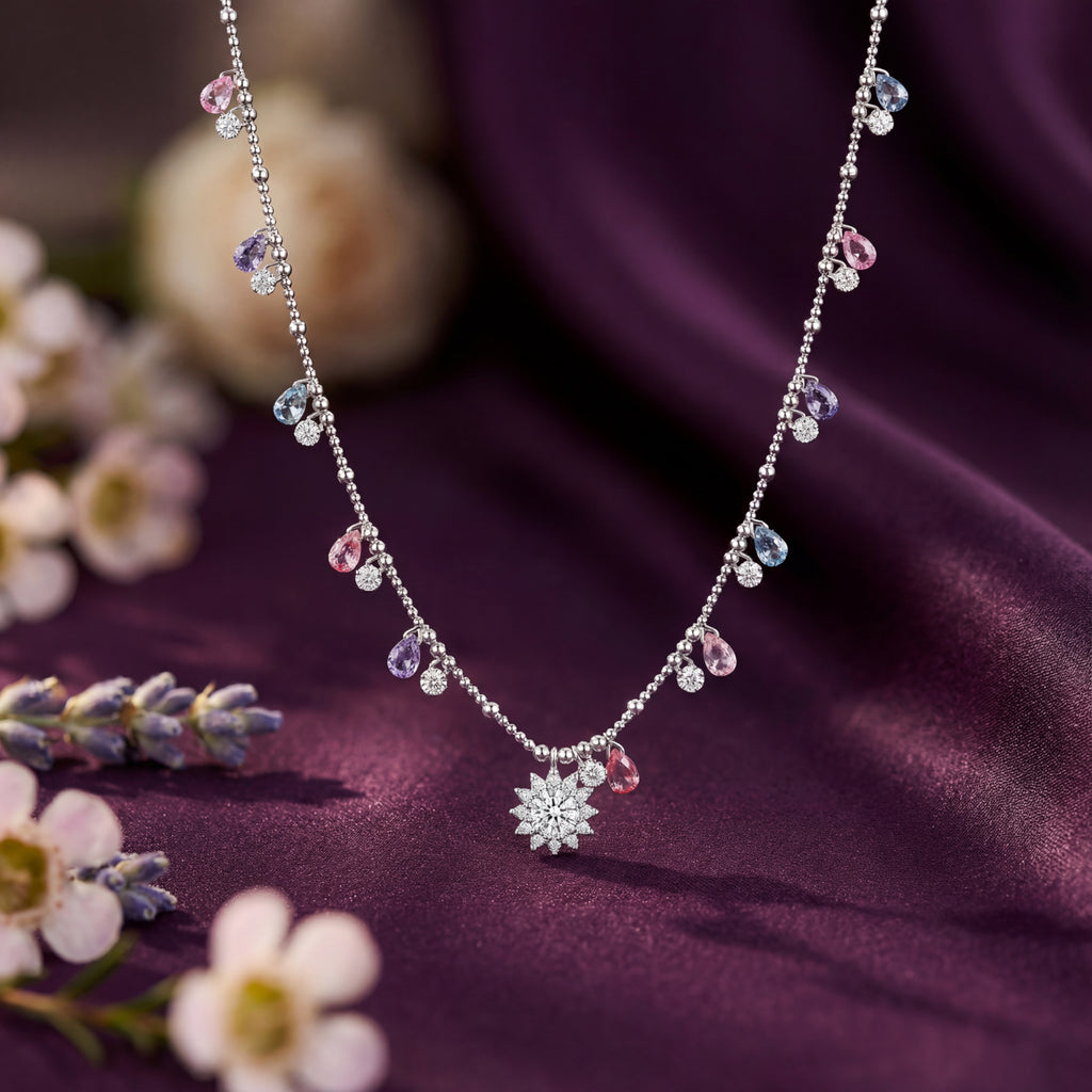 Korean Pastel Teardrop & Starburst Station Necklace : YUFSNL251