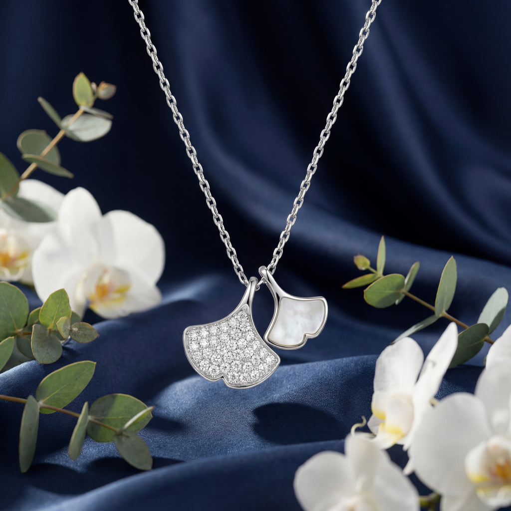 Korean Ethereal Ginkgo Mother Of Pearl & Pavé Dual Leaf Necklace : YUFSNL237