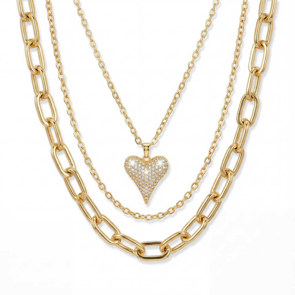 Korean Radiant Pavé Heart Triple-Layer Gold Necklace : YUFSNL254