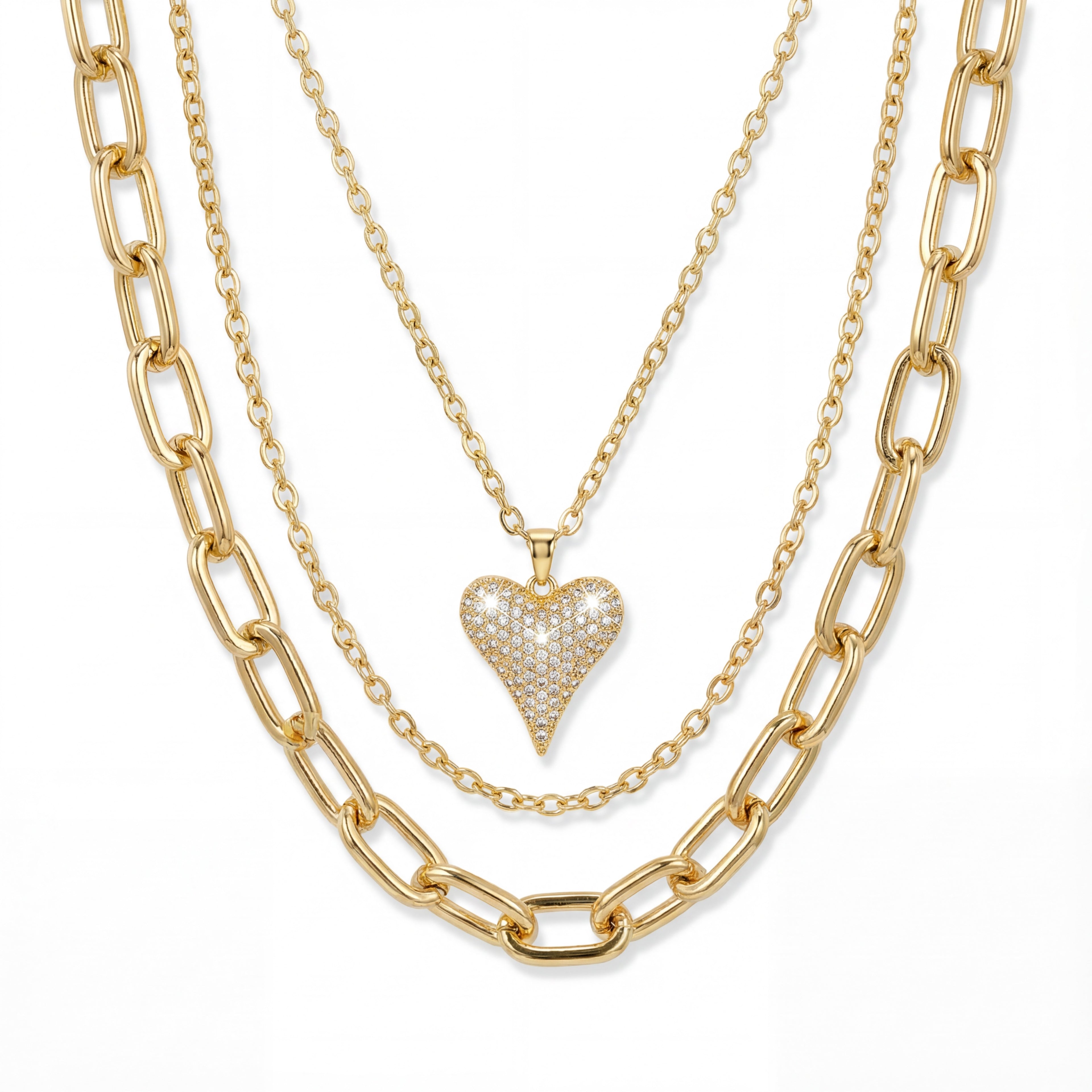 Korean Radiant Pavé Heart Triple-Layer Gold Necklace : YUFSNL254