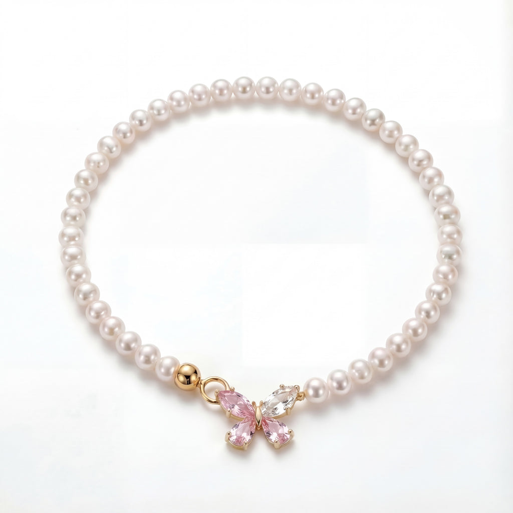 Korean Pink Crystal Butterfly Pearl Choker : YUFSNL249