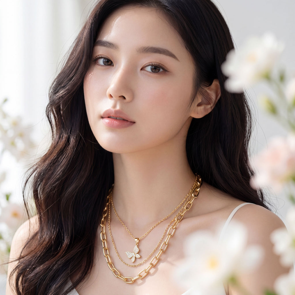 Korean Gold Monarch Triple-Layer Necklace Set