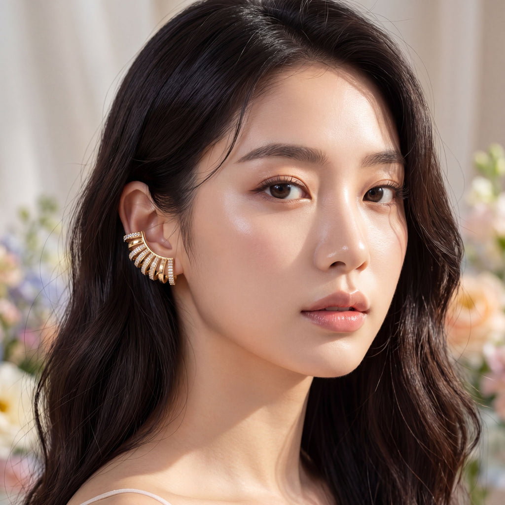 Korean Radiant Golden Ribbed Right Ear Cuff