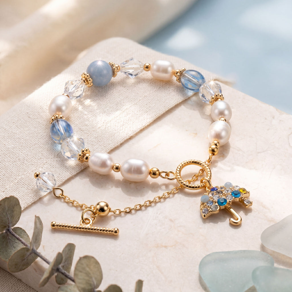 Korean Serene Sky Pearl & Crystal Umbrella Charm Bracelet