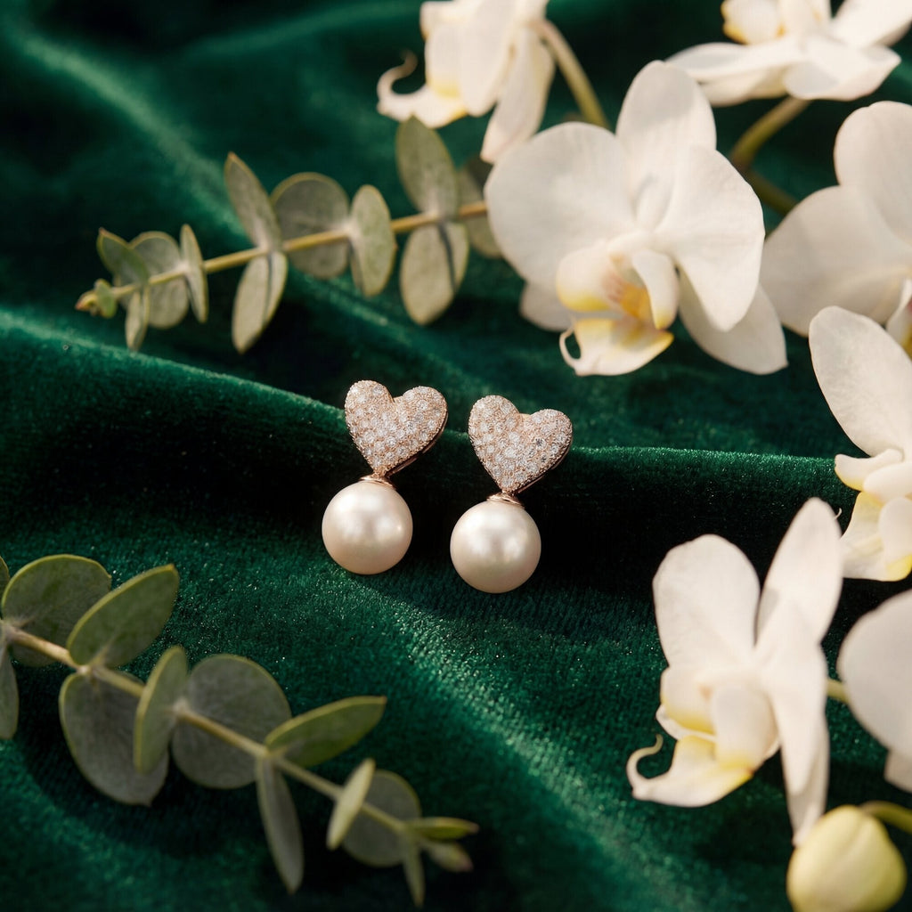 Sweetheart Sparkle, Pavé Heart & Pearl Stud.